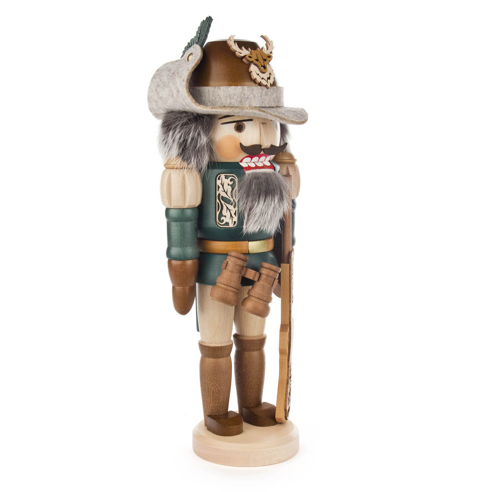 Holz-Nussknacker in Försterkostüm, 40 cm groß, mit grünem Mantel, grauem Bart, Fernglas und Wanderstock.
