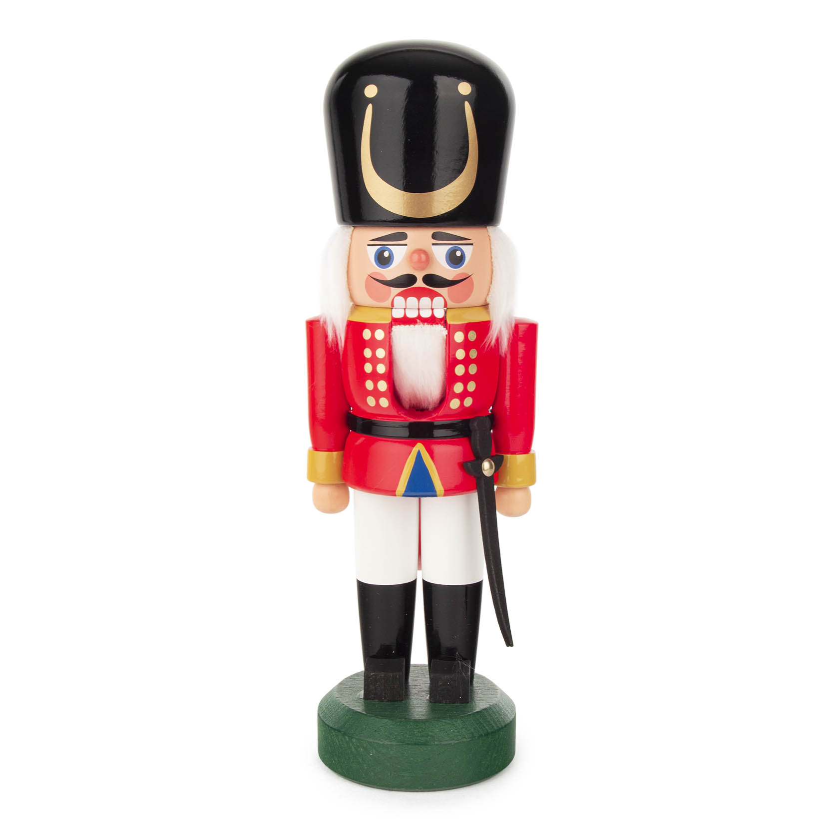 Ein roter und weißer Nussknacker in Form eines Wachsoldaten, 24 cm groß. Er trägt eine schwarze Mütze mit goldener Verzierung und hält ein Schwert. im Dregeno Online Shop günstig kaufen