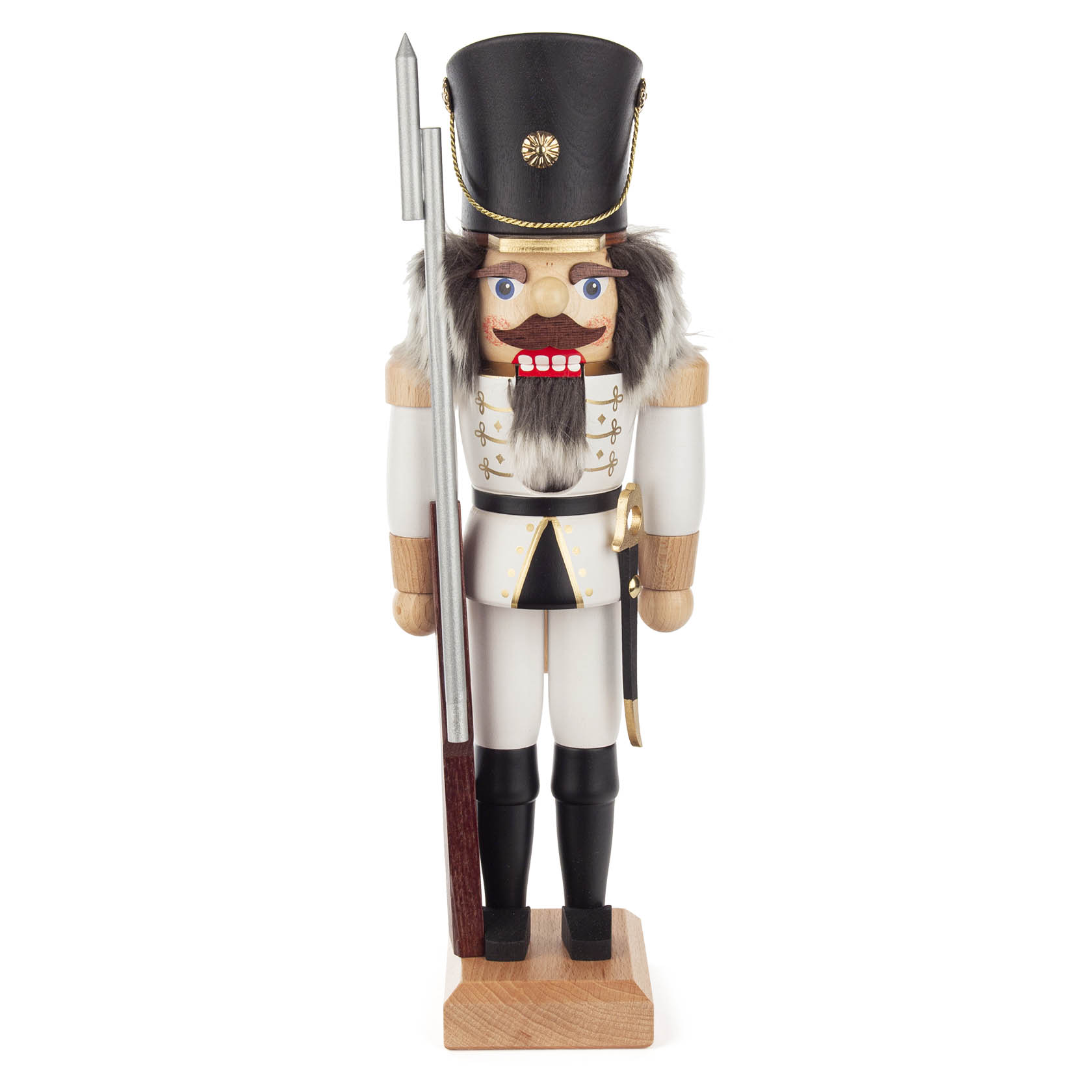 Traditioneller Nussknacker in Soldatenuniform, weiß lasiert, mit schwarzer Mütze, rotem Mund und Zepter, ca. 38 cm hoch. im Dregeno Online Shop günstig kaufen