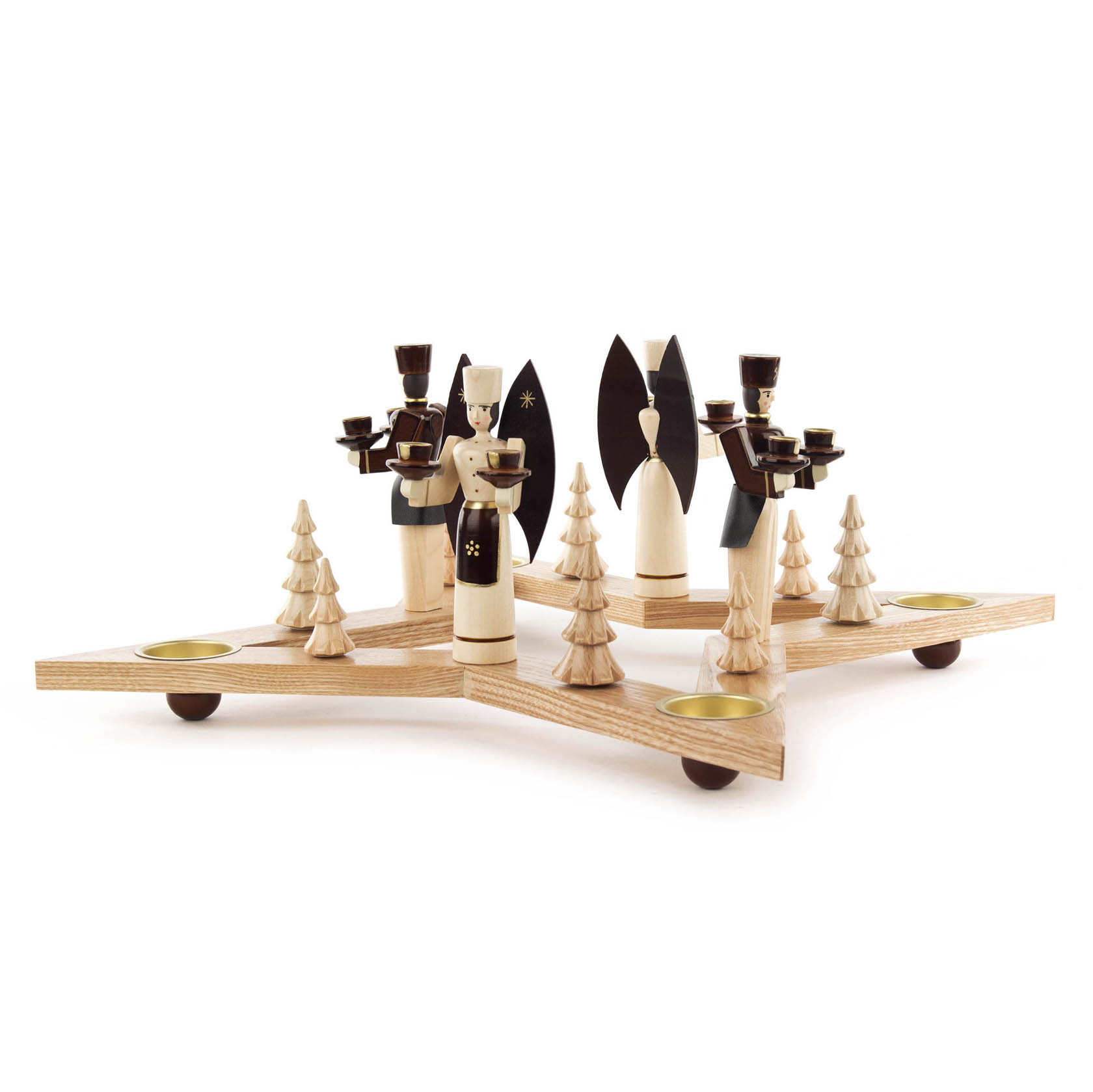 Adventskranz in Sternform aus hellem Holz mit Engel und Bergmann. Vier Teelichthalter und kleine Tannenbäume als Dekoration. im Dregeno Online Shop günstig kaufen
