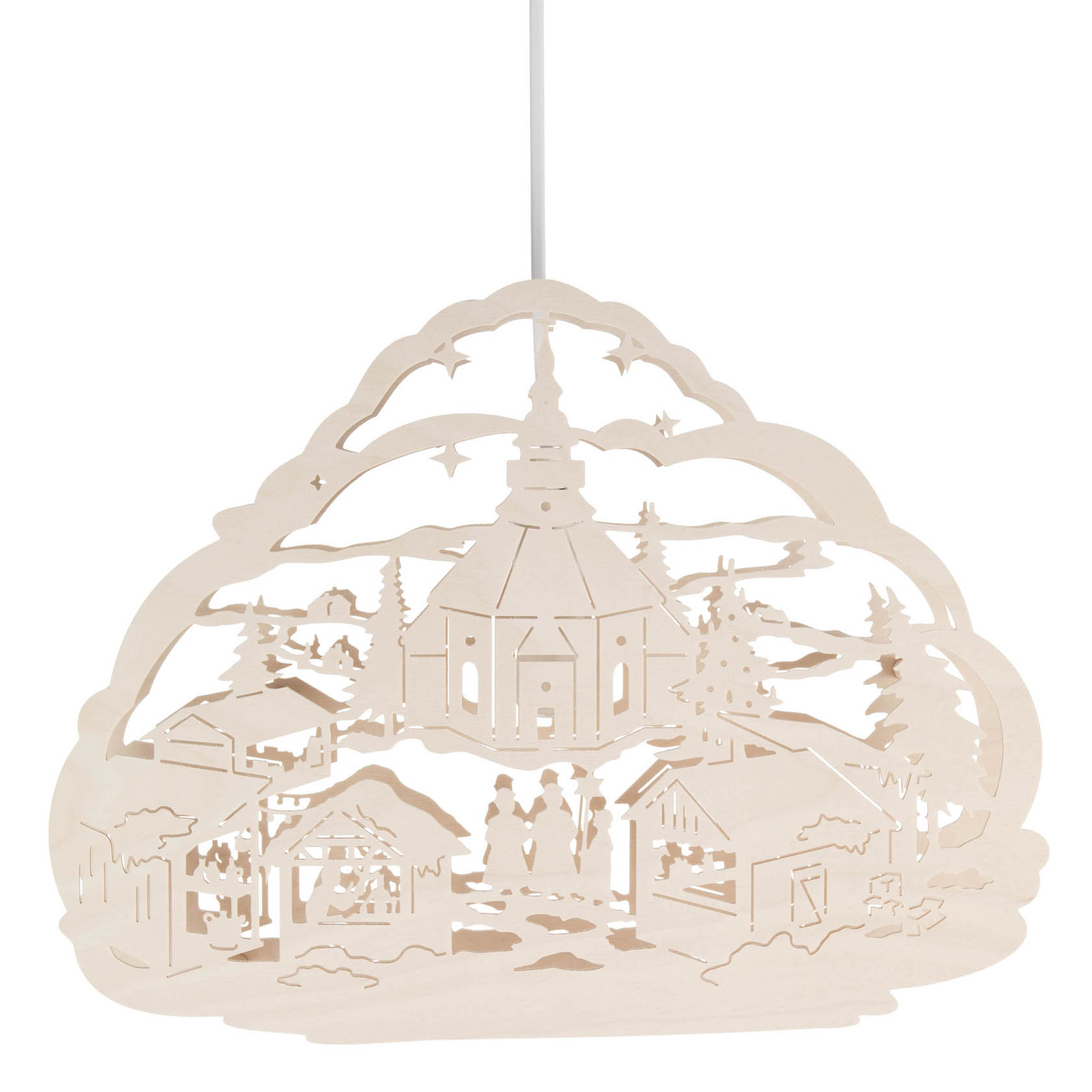 Fensterbild aus Holz mit der Darstellung des Seiffener Weihnachtsmarktes, zentrales Motiv ist eine Kirche, umgeben von Buden und Bäumen, elektrisch beleuchtet. im Dregeno Online Shop günstig kaufen