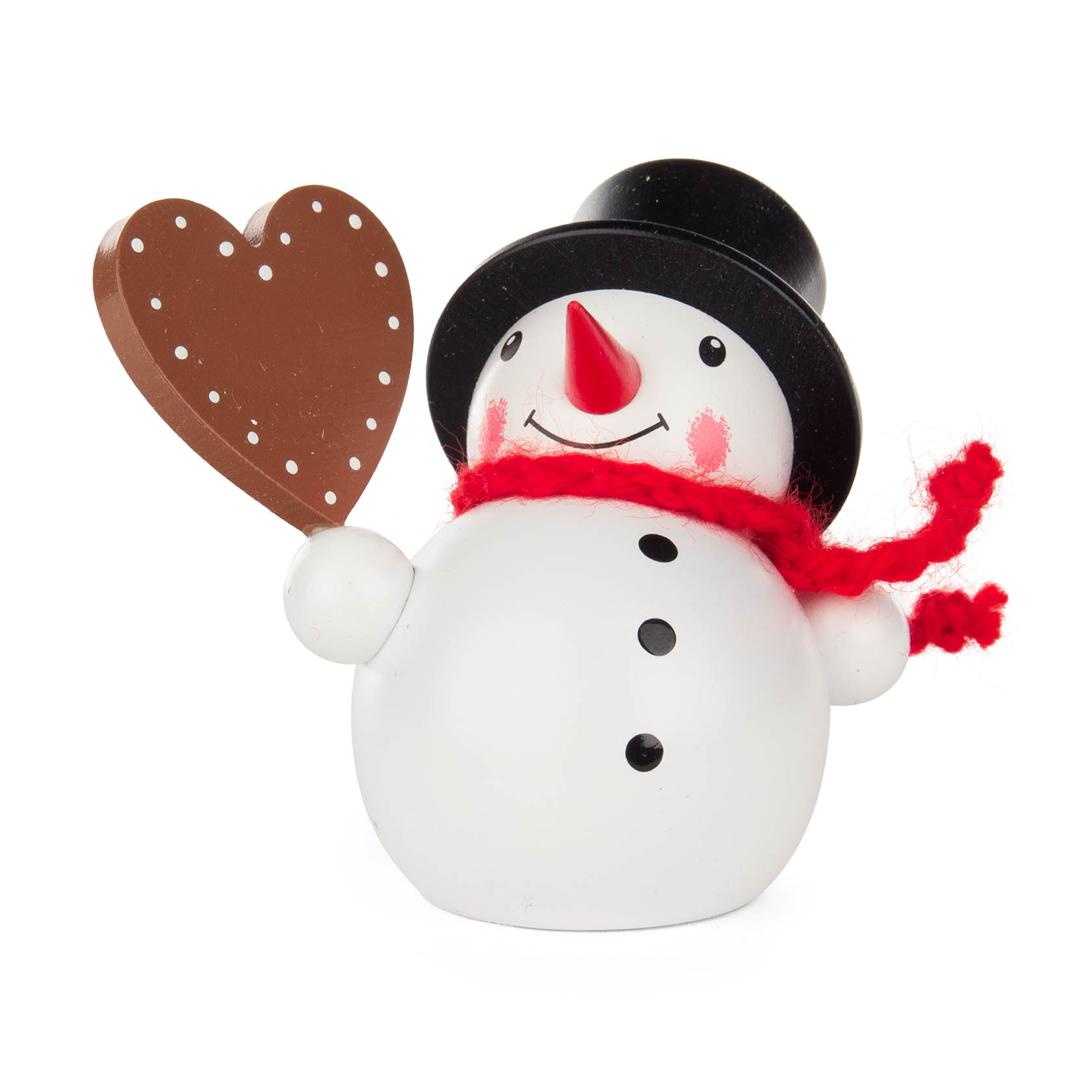 Ein weißer Schneemann mit rotem Zylinder und Schal hält ein braunes Herz mit weißen Punkten in der Hand. Der Schneemann lächelt freundlich. im Dregeno Online Shop günstig kaufen