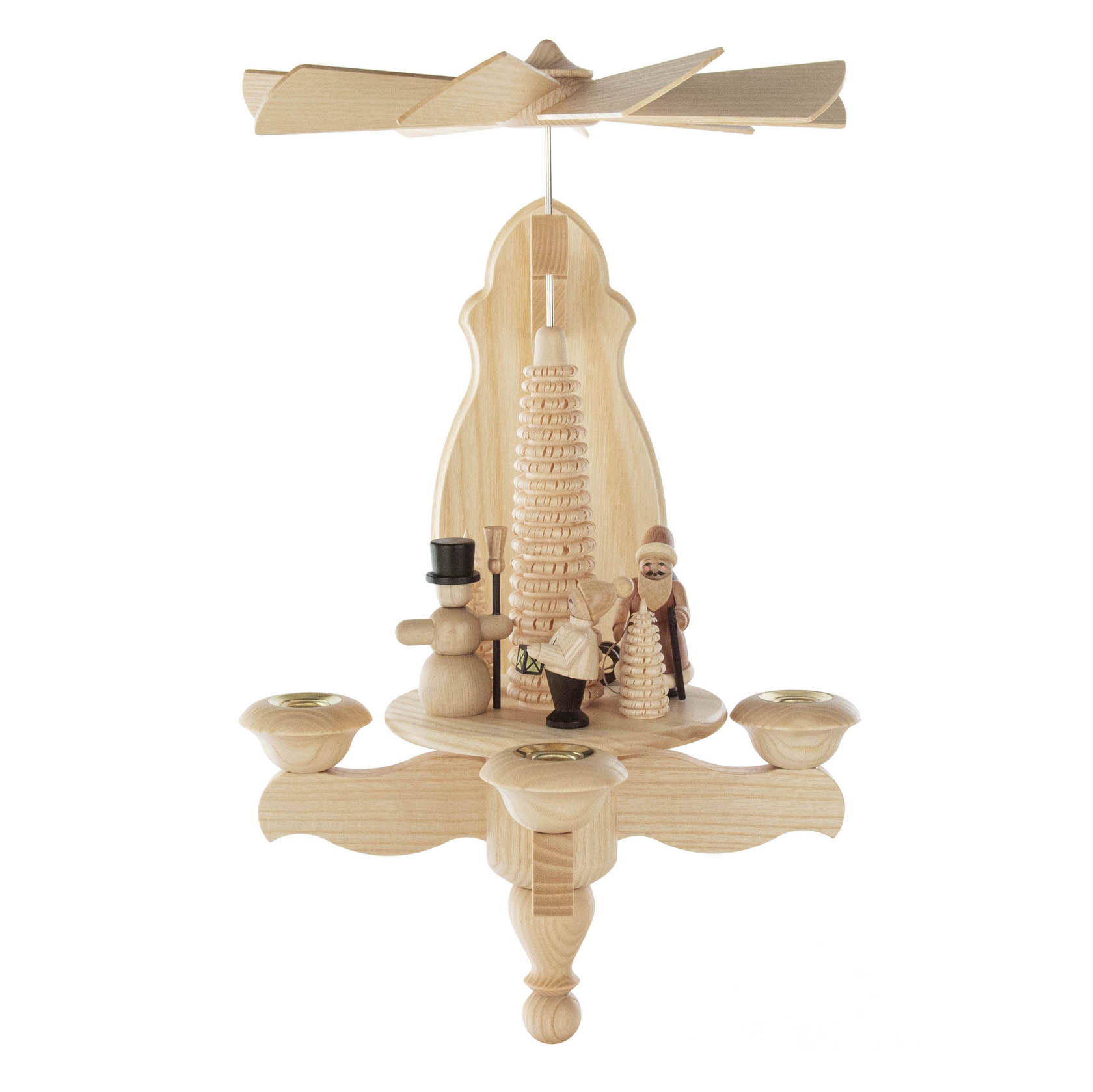 Holzpyramide zur Wandmontage mit Weihnachtsmann, Schneemann und Kerzenhalterungen, oben mit Flügelrad dekoriert. im Dregeno Online Shop günstig kaufen