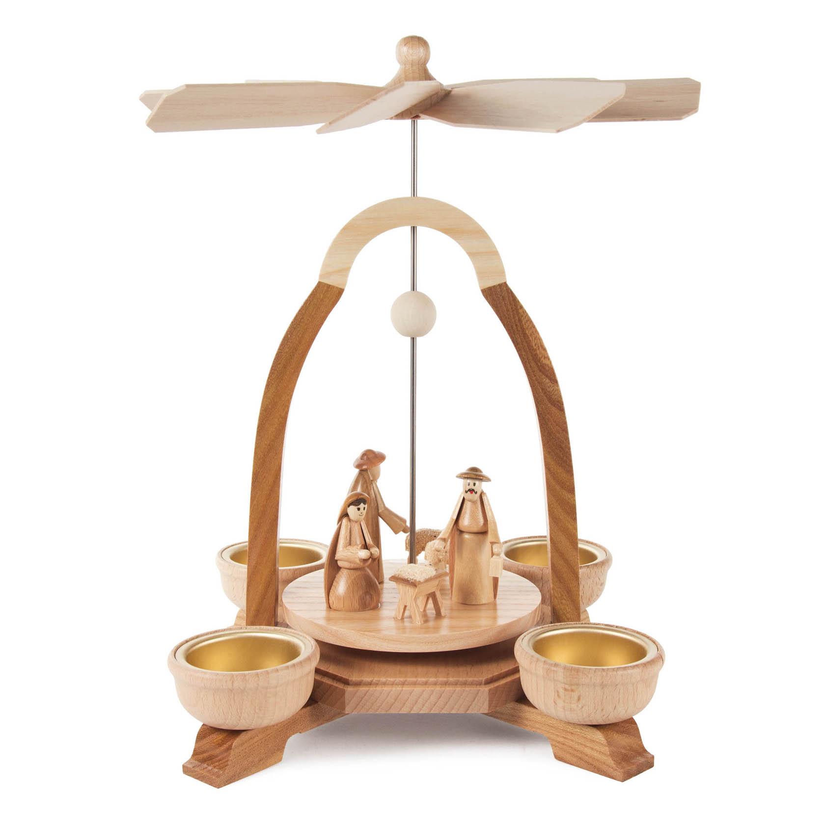 Wooden Christmas pyramid with Nativity scene and tealight holders, featuring Mary, Joseph, and baby Jesus under an arch with a propeller on top. im Dregeno Online Shop günstig kaufen