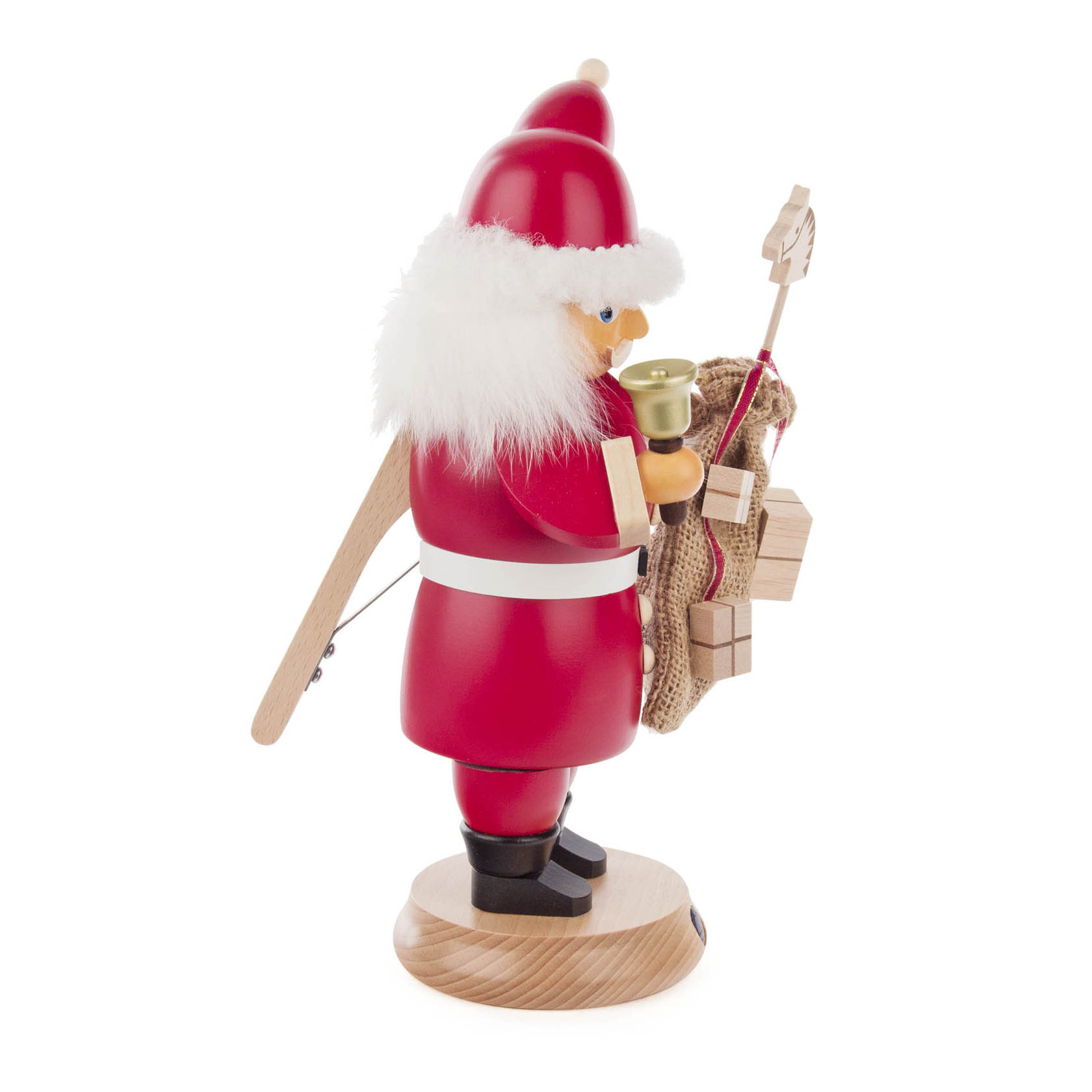 Traditioneller Nussknacker in Form eines Weihnachtsmannes, der eine Glocke hält und einen Sack auf dem Rücken trägt. Aus Holz gefertigt und 27 cm hoch.