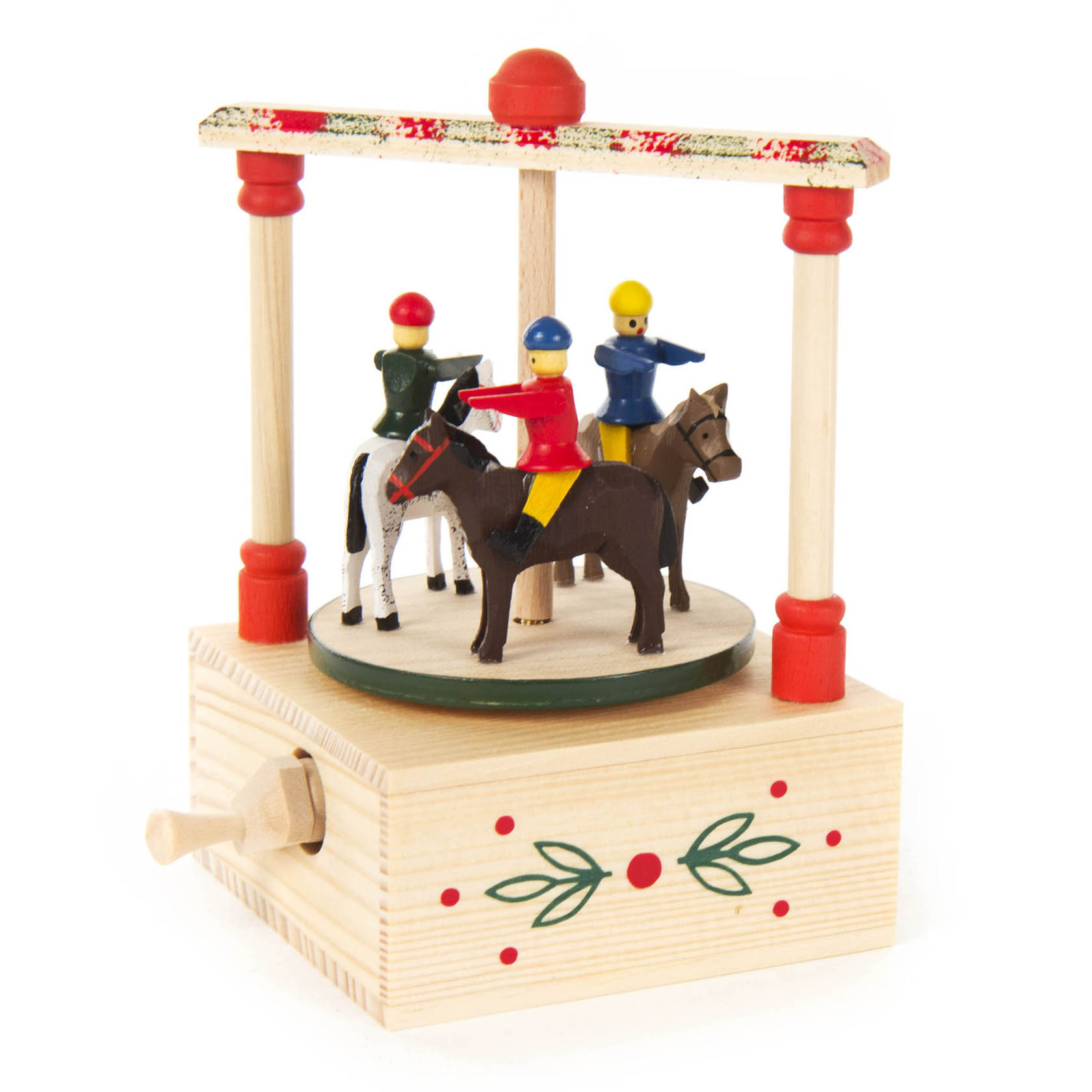 A wooden music box featuring three colorful jockey figurines on horses, under a decorated canopy with a small handle on the side. im Dregeno Online Shop günstig kaufen