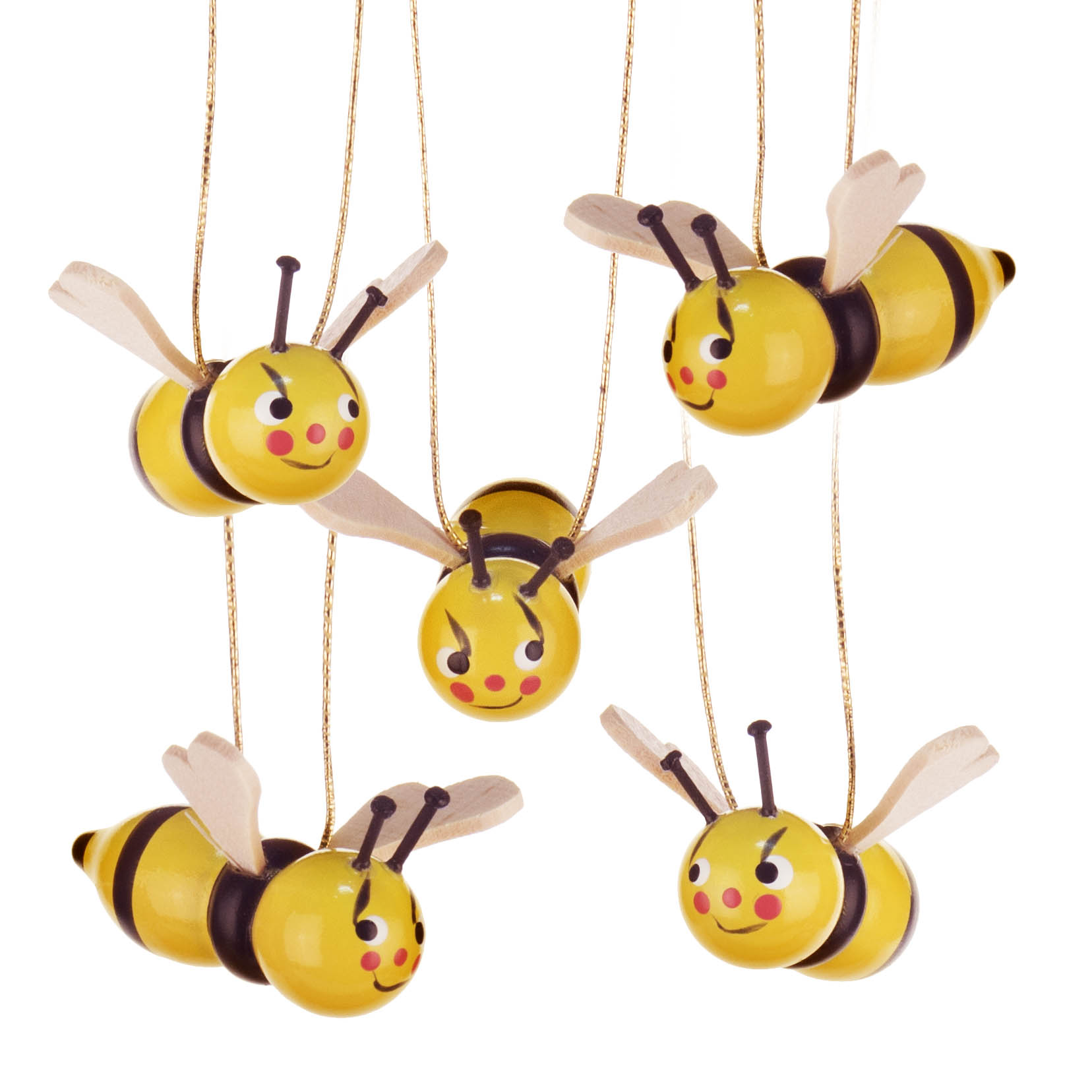 Fünf gelbe, stilisierte Bienen aus Holz mit schwarzen Streifen und roten Wangen, an Fäden hängend, fliegend dargestellt. im Dregeno Online Shop günstig kaufen