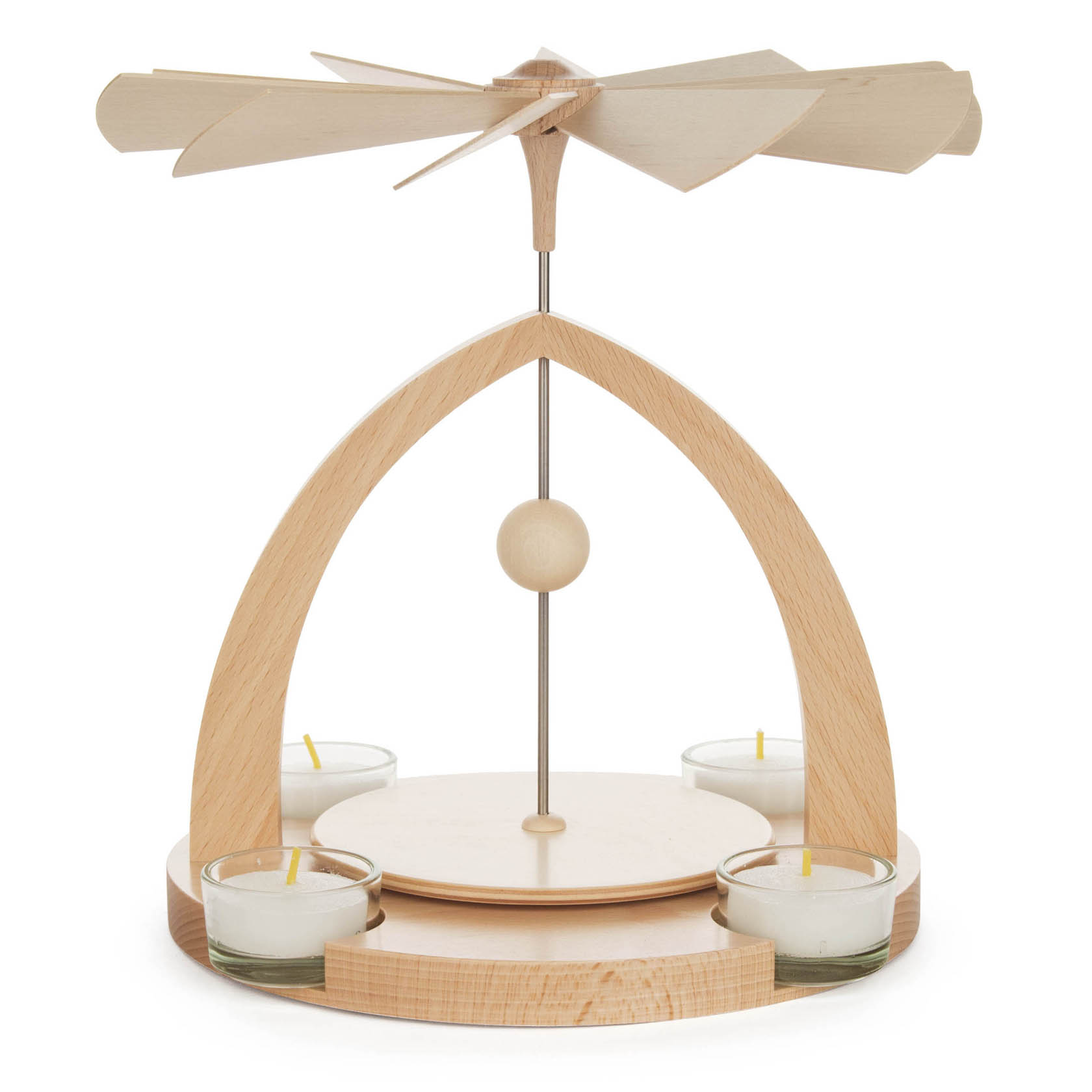 Holzpyramide mit Teelichthaltern, naturbelassen. Struktur besteht aus zwei halbrunden Bögen, einem Drehflügel oben und Platz für vier Teelichte. im Dregeno Online Shop günstig kaufen
