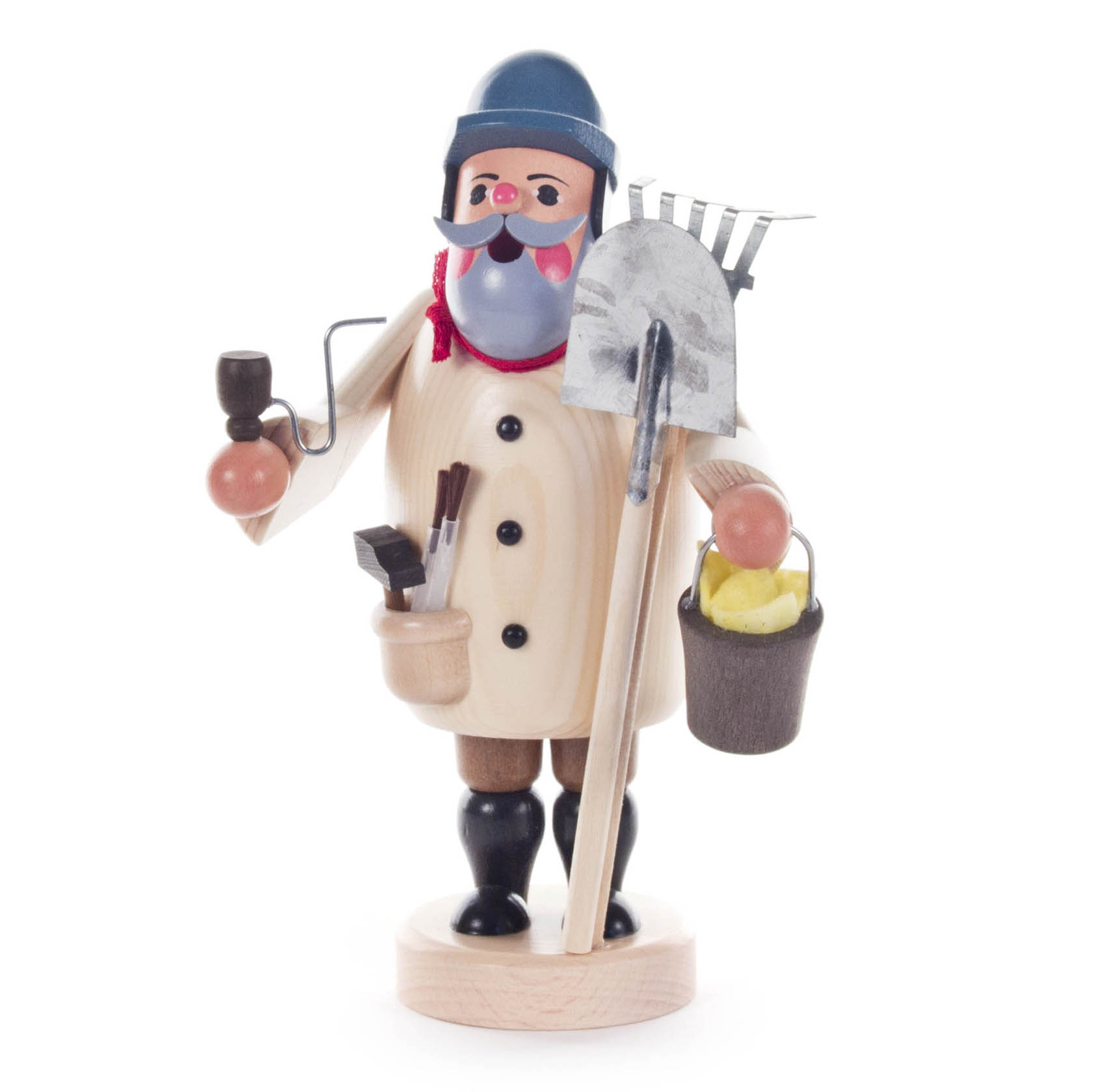 Räuchermann in Form eines Hausmeisters mit blauem Helm, Pfeife, Schaufel, Bürste und Eimer mit gelben Gegenständen. im Dregeno Online Shop günstig kaufen