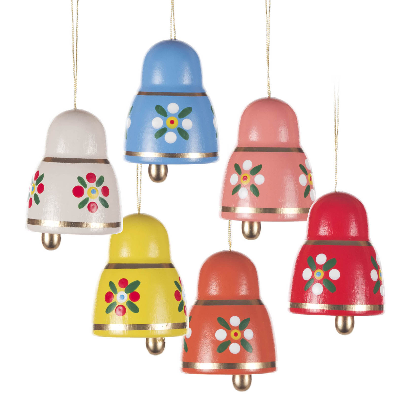 Sechs bunte hölzerne Glocken mit Blumenmuster und goldenen Akzenten, hängend an goldenen Schnüren in den Farben Blau, Weiß, Gelb, Rot, Rosa und Orange. im Dregeno Online Shop günstig kaufen
