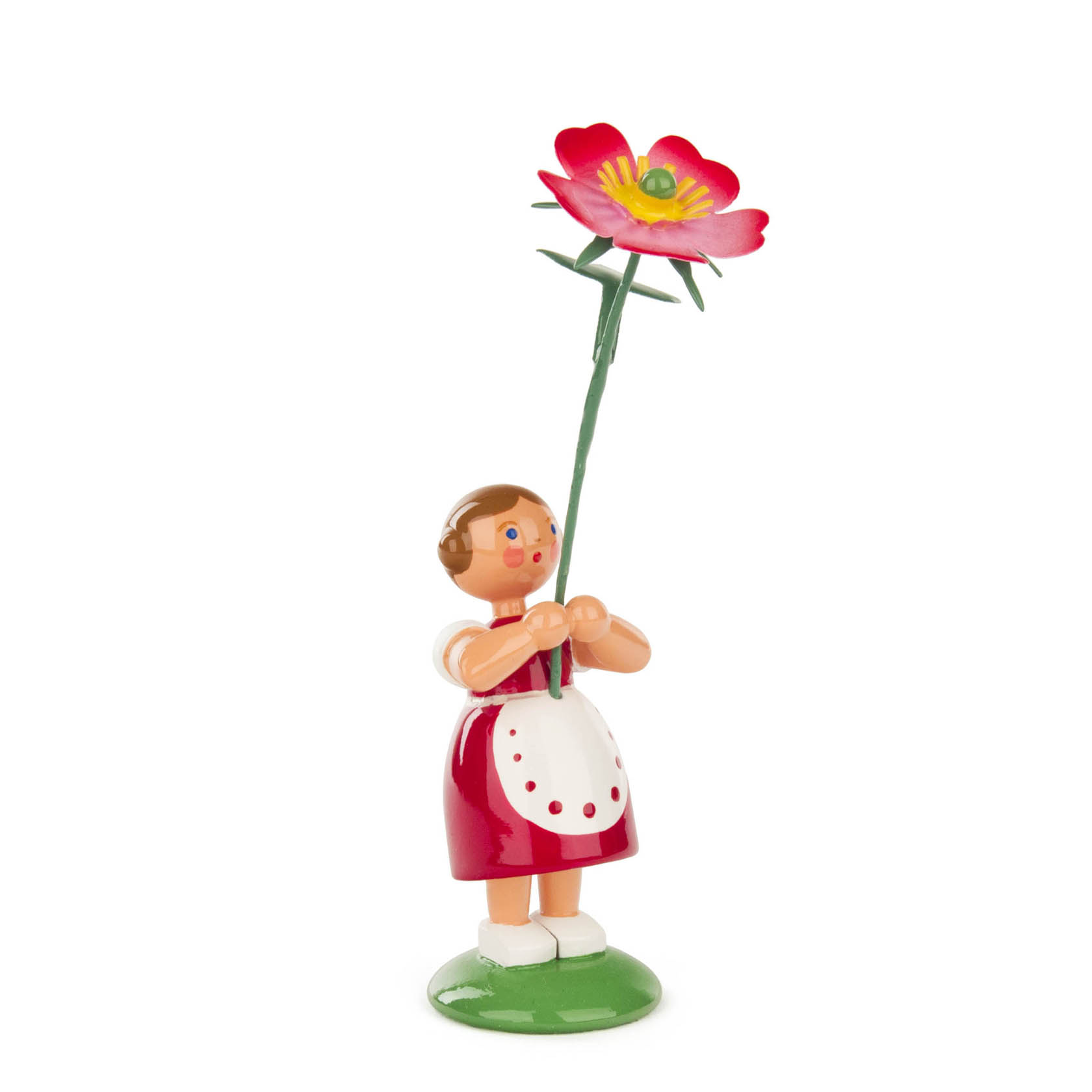 Holzfigur eines Mädchens in rotem Kleid mit weißer Schürze, das eine große Heckenrose in der Hand hält. im Dregeno Online Shop günstig kaufen