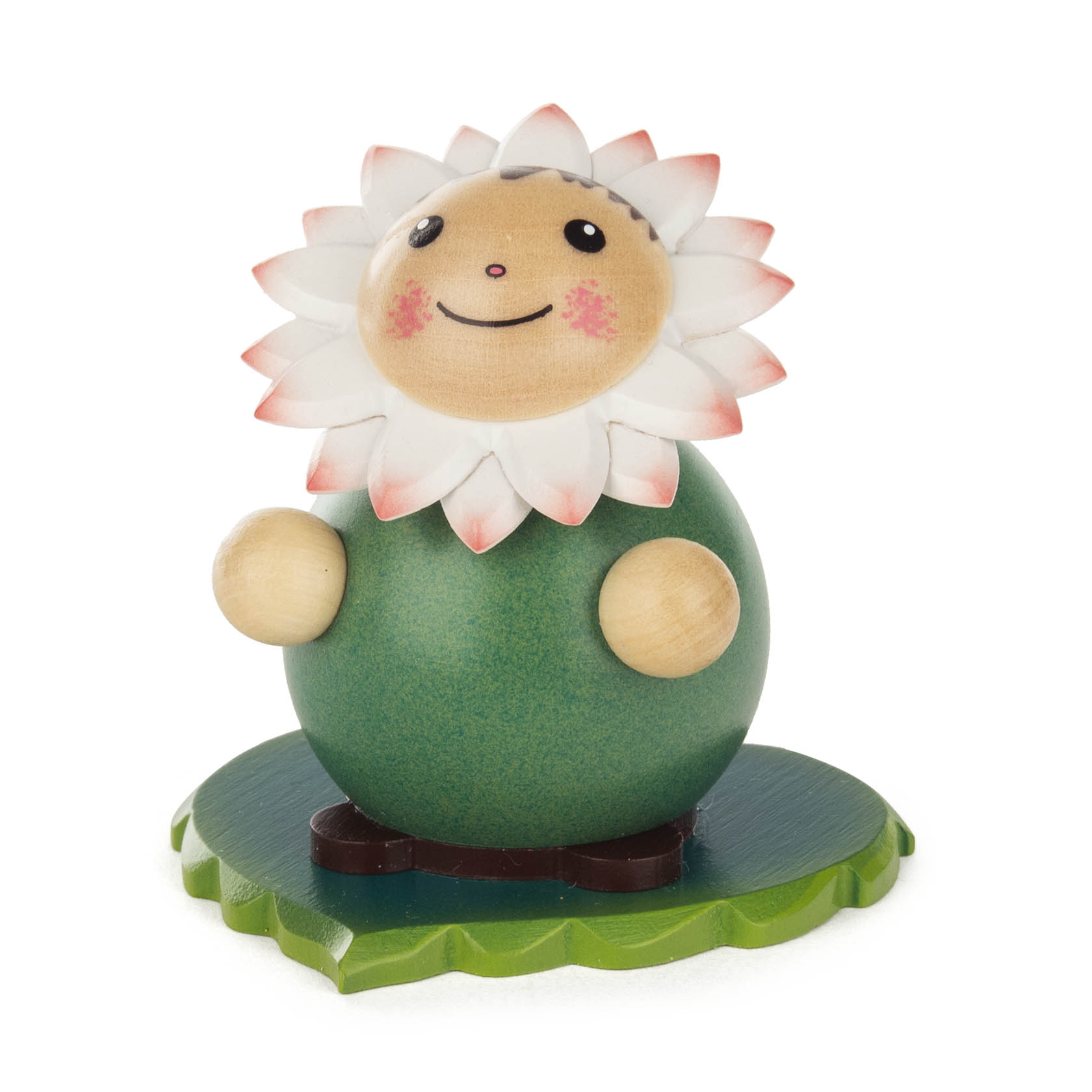 Holzfigur einer personifizierten Margerite mit grünem Körper, weißen Blütenblättern mit rotem Rand, lächelndem Gesicht und rosa Wangen. im Dregeno Online Shop günstig kaufen