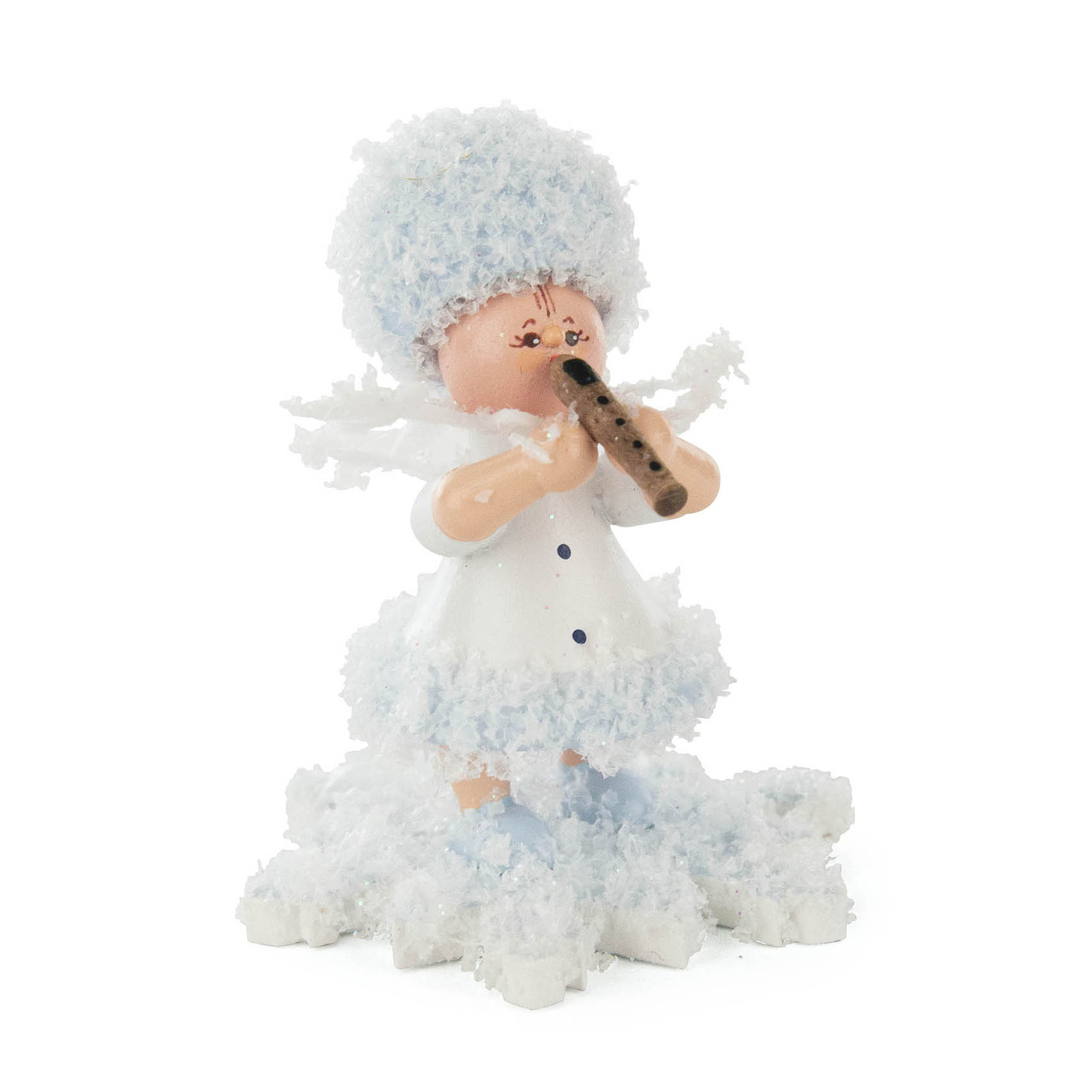 Kleine Schneefigur mit weißem, flauschigen Hut und Kleid, spielt eine Flöte. im Dregeno Online Shop günstig kaufen