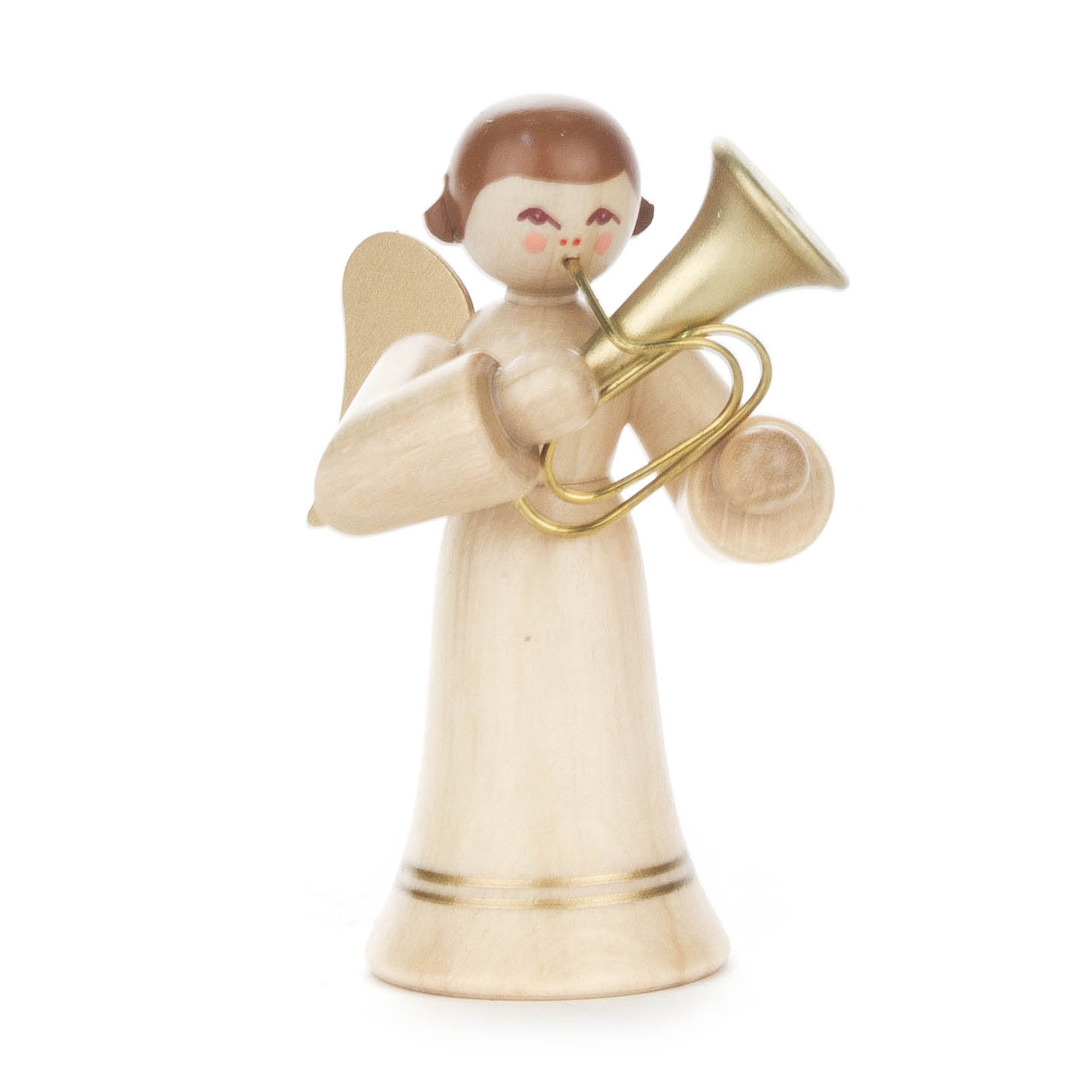 Holzfigur eines Engels mit braunem Haar, goldenem Tenorhorn und langen naturfarbenem Kleid. im Dregeno Online Shop günstig kaufen