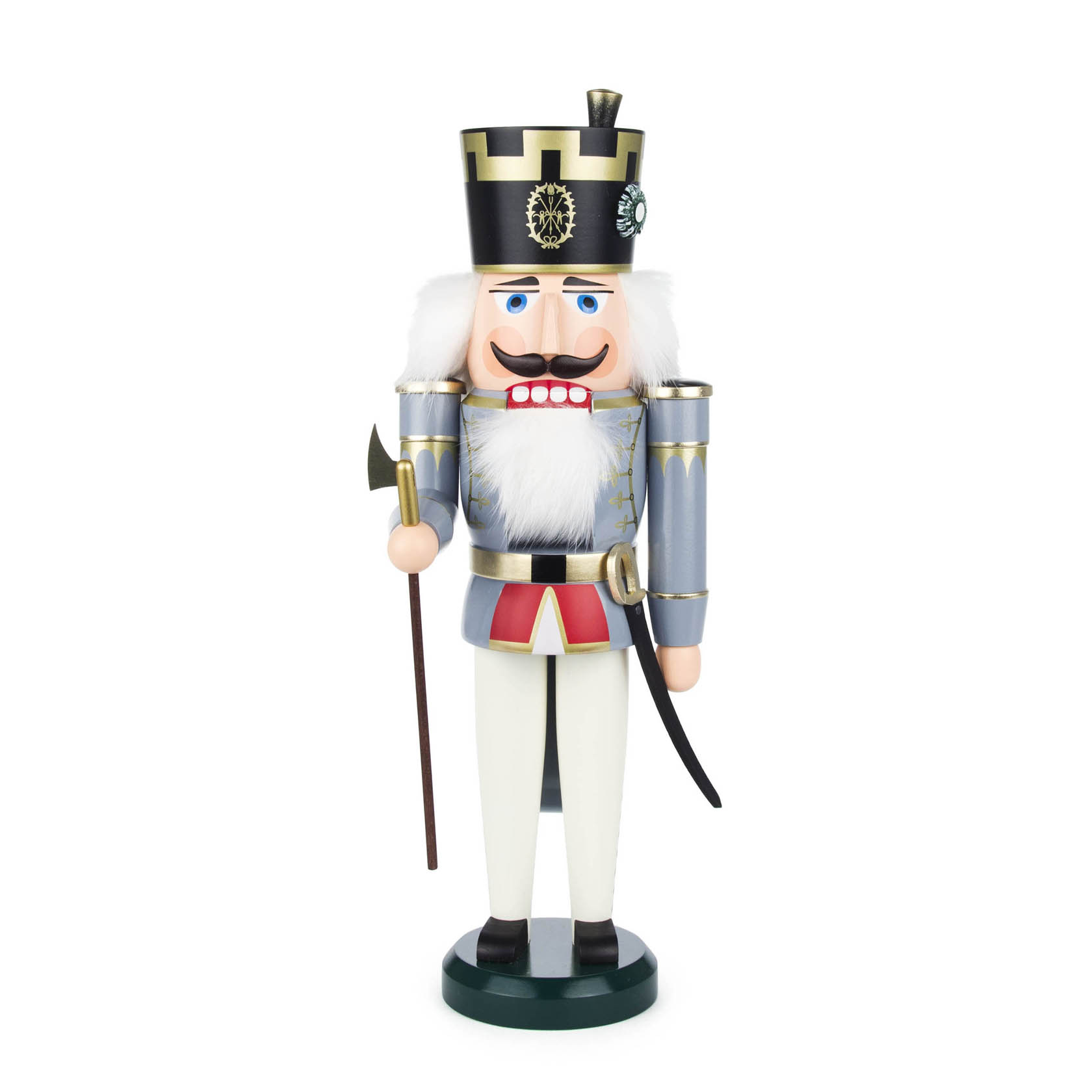 A gray and white nutcracker figurine dressed as a traditional mining officer, holding an axe in one hand and a sword in the other, standing 38cm tall. im Dregeno Online Shop günstig kaufen