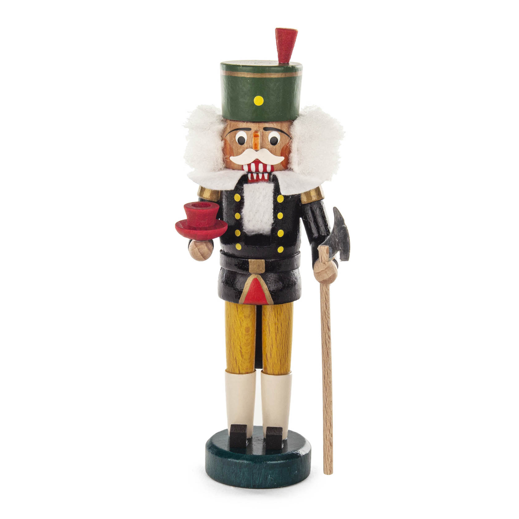 Bunter Nussknacker in Form eines Bergmanns, 14,5 cm groß. Er trägt traditionelle Bergmannskleidung und hält ein Beil und eine rote Tasse. im Dregeno Online Shop günstig kaufen