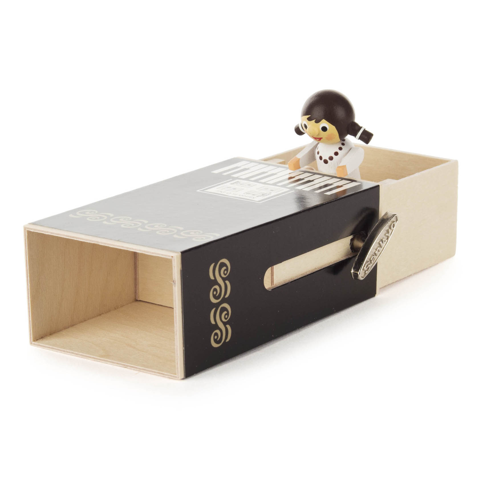 A wooden music box resembling a piano with a girl figurine playing it, featuring a hand crank on the side. The music box plays Canon in D Major.