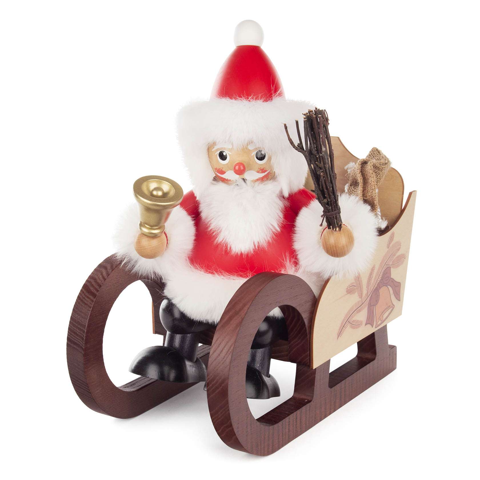 Ein Räuchermann in Form eines Weihnachtsmanns sitzt auf einem Schlitten. Der Weihnachtsmann trägt einen roten Mantel, einen weißen Bart und hält eine Glocke. im Dregeno Online Shop günstig kaufen