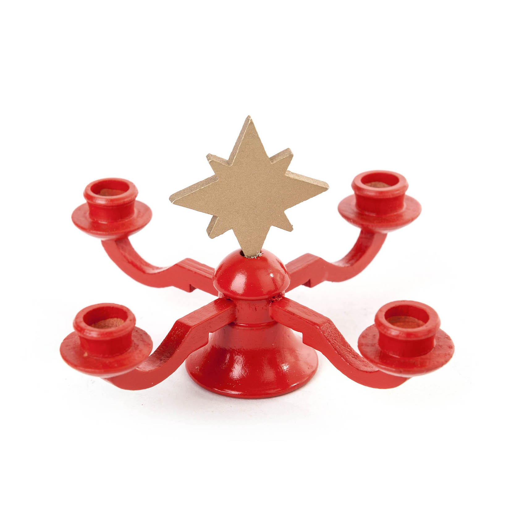 Ein roter, kleiner Kerzenhalter mit vier Armen und einem goldenen Stern obendrauf. im Dregeno Online Shop günstig kaufen
