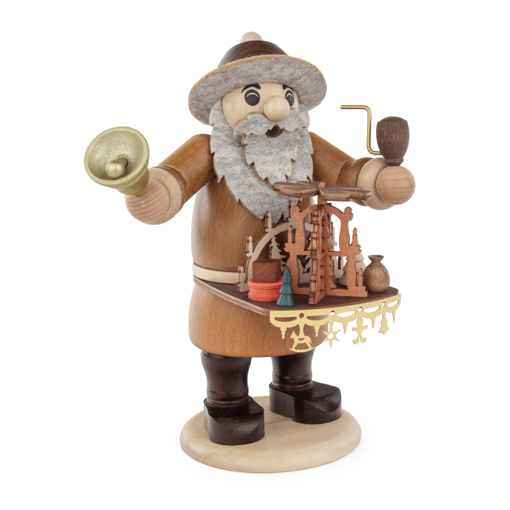 A wooden incense smoker figure depicting a merchant with a bell, a pipe, and a tray with handicrafts, wearing a brown apron, hat, and gray beard. im Dregeno Online Shop günstig kaufen