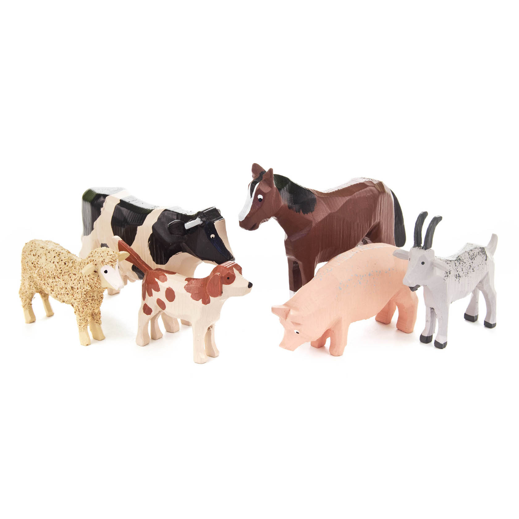 Holzfiguren von sechs Tieren: ein Pferd, eine Kuh, ein Schaf, eine Ziege, ein Schwein und ein Kalb, nebeneinander stehend. im Dregeno Online Shop günstig kaufen