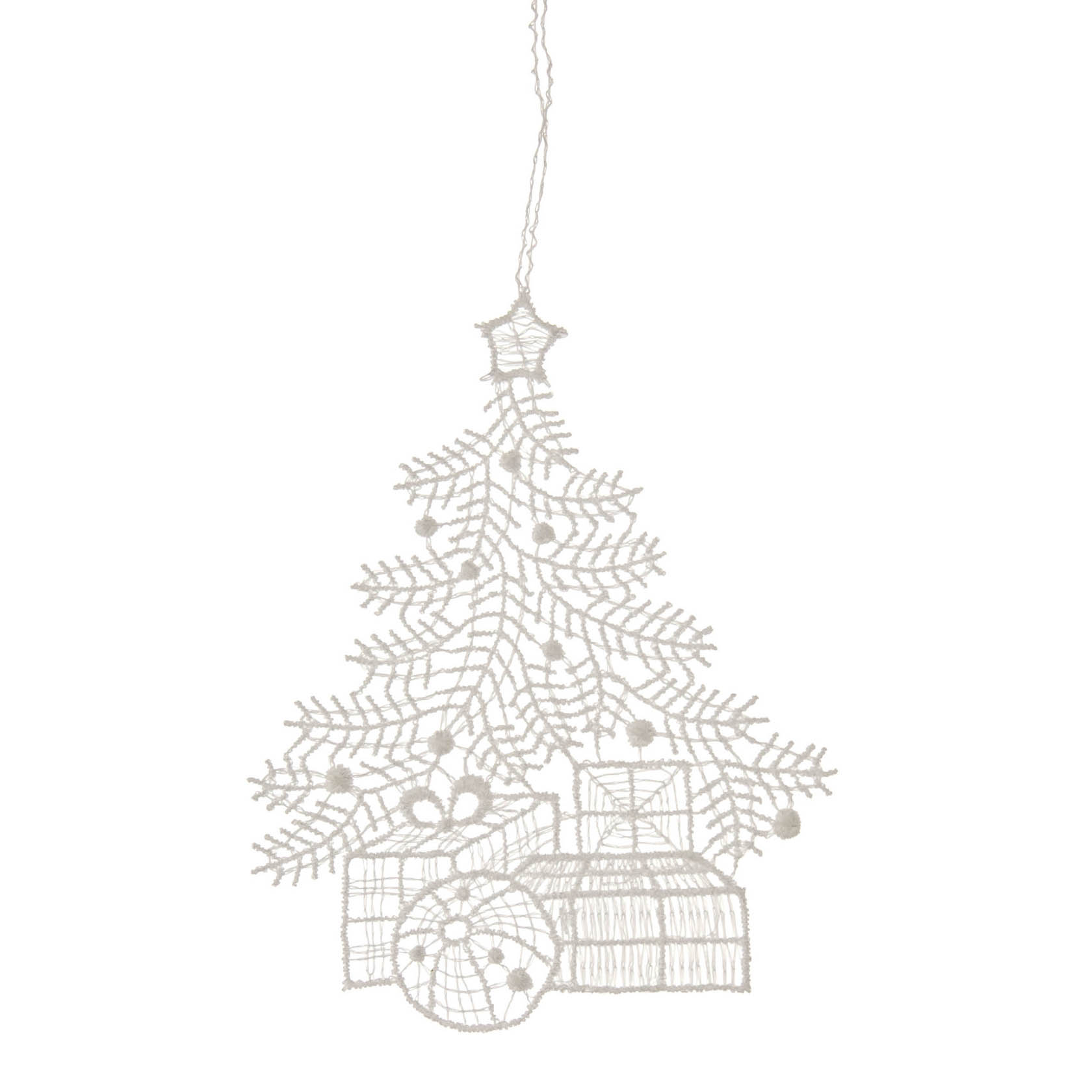 Dekorative spitzenbesetzte Hängedekoration in Form eines Weihnachtsbaums, verziert mit Geschenken an der Basis. im Dregeno Online Shop günstig kaufen