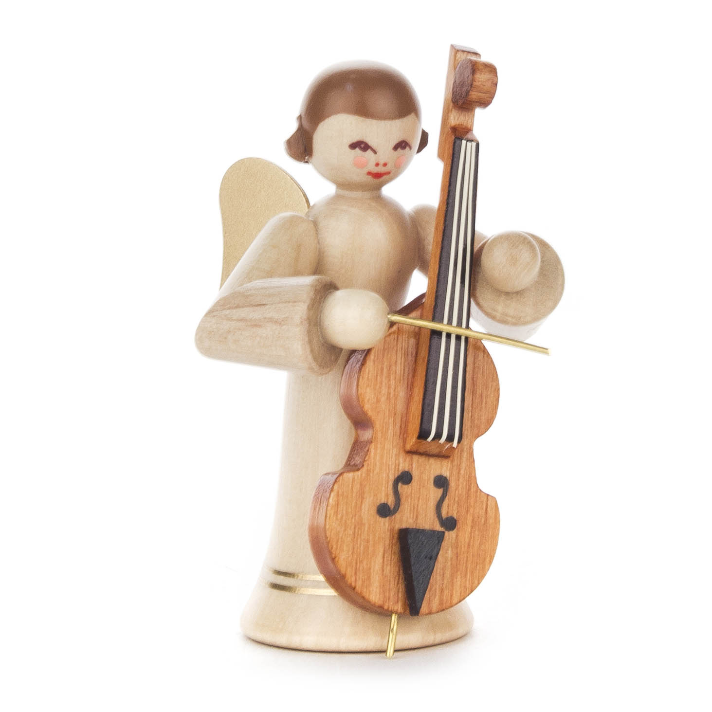 Holzengel mit Bassgeige, hellem langem Rock und naturbelassenen Flügeln. Der Engel lächelt und hält das Instrument mit beiden Händen. im Dregeno Online Shop günstig kaufen