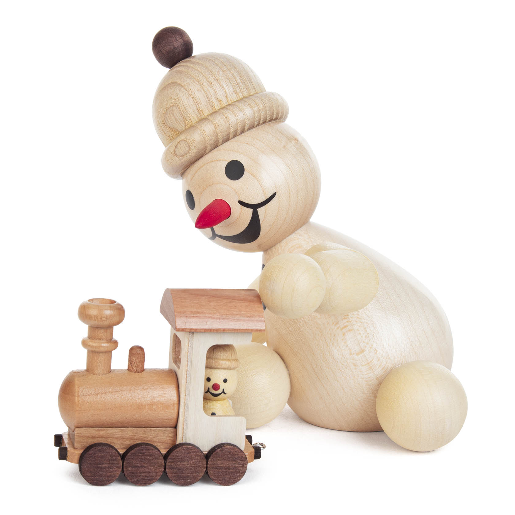 Holzfigur eines fröhlichen Schneemanns mit roter Nase und Melone, der eine kleine Holzlokomotive mit einem Lokführer im Inneren betrachtet. im Dregeno Online Shop günstig kaufen