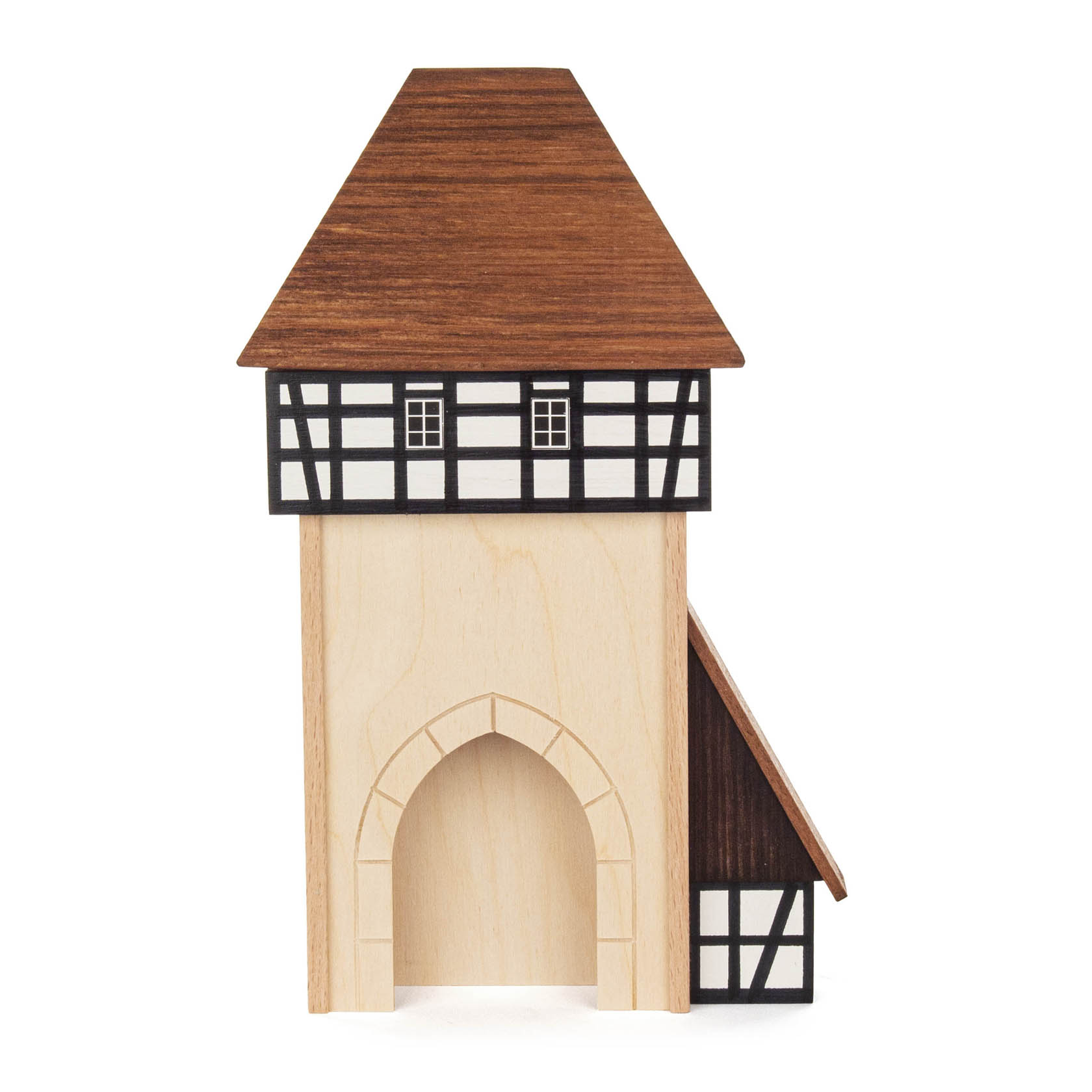 Holzmodell eines Fachwerk-Stadttors mit einem großen bogenförmigen Torbogen und einem an das Tor angrenzenden schmalen Gebäude mit Satteldach. im Dregeno Online Shop günstig kaufen