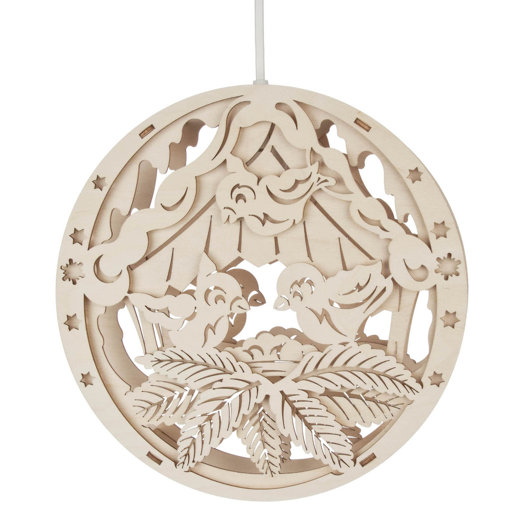 Holzfensterbild eines Vogelhäuschens mit zwei Vögeln, die in einem Nest sitzen. Elektrische Beleuchtung ist integriert, Holz in heller Naturfarbe. im Dregeno Online Shop günstig kaufen