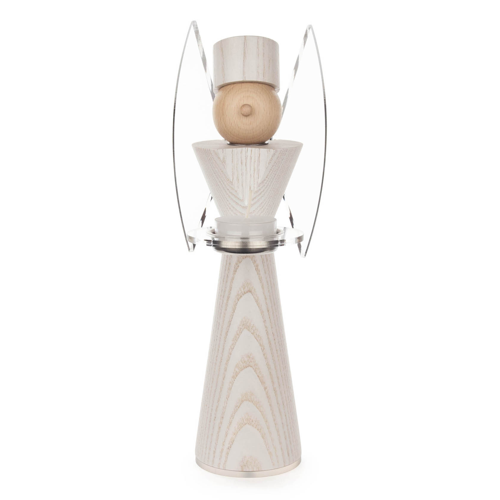 Wooden angel figure with cone-shaped body, round head, and metal wings. It has a small hat and a minimalist design. im Dregeno Online Shop günstig kaufen