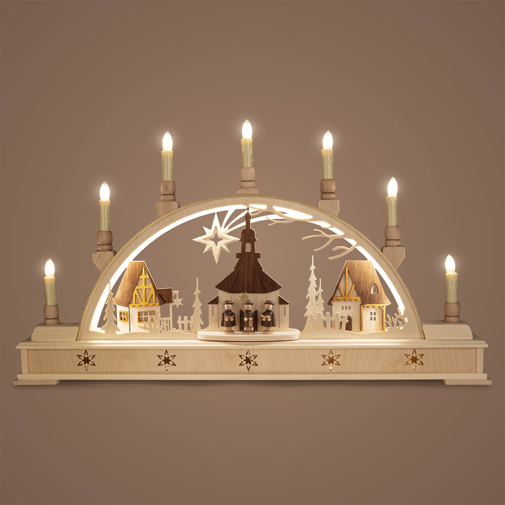 Schwibbogen Seiffener Kirche mit Riffelkerzen und LED