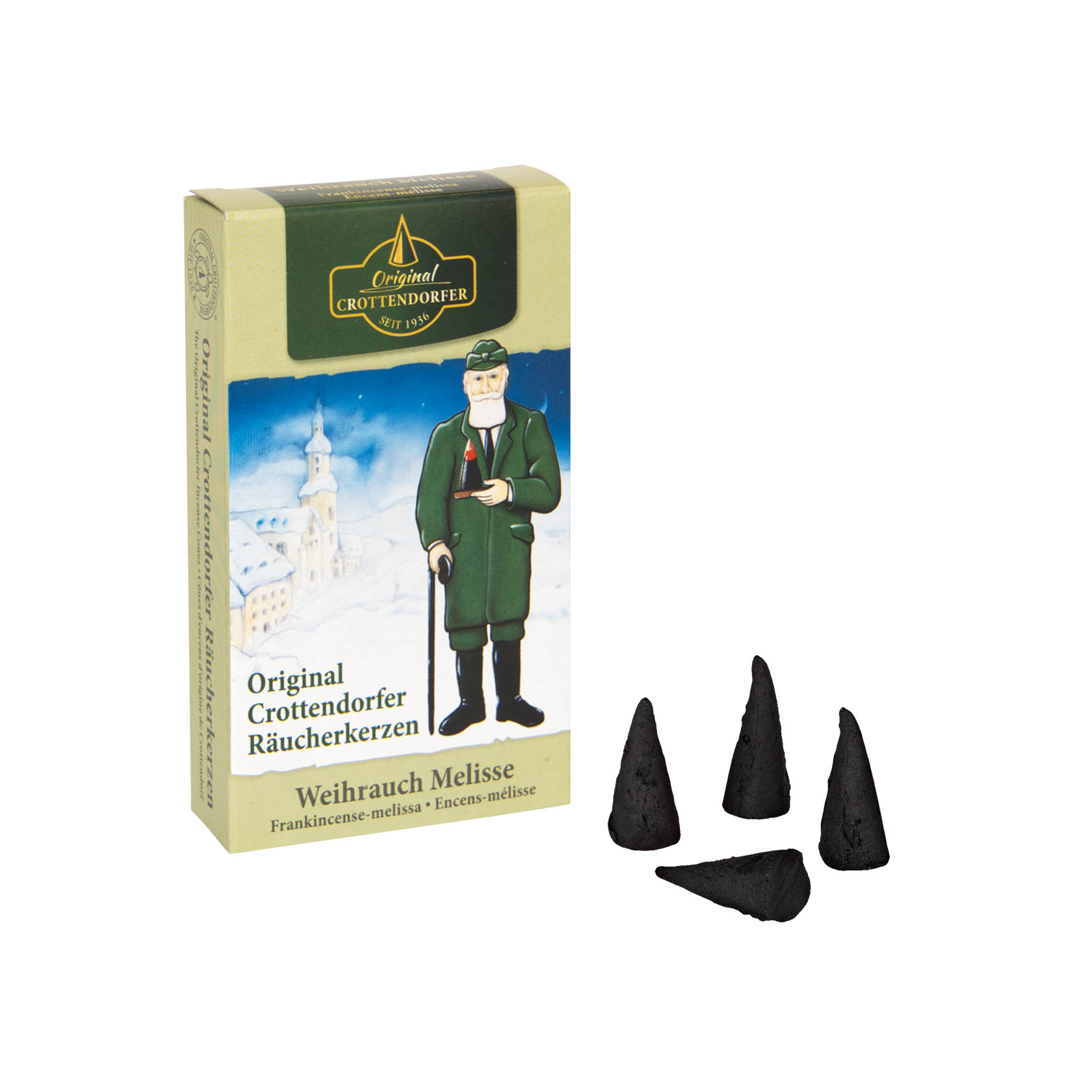 Eine Packung Crottendorfer Räucherkerzen mit dem Motiv eines Mannes in grüner Kleidung, umgeben von angezündeten und nicht entzündeten Räucherkerzenkegeln. im Dregeno Online Shop günstig kaufen