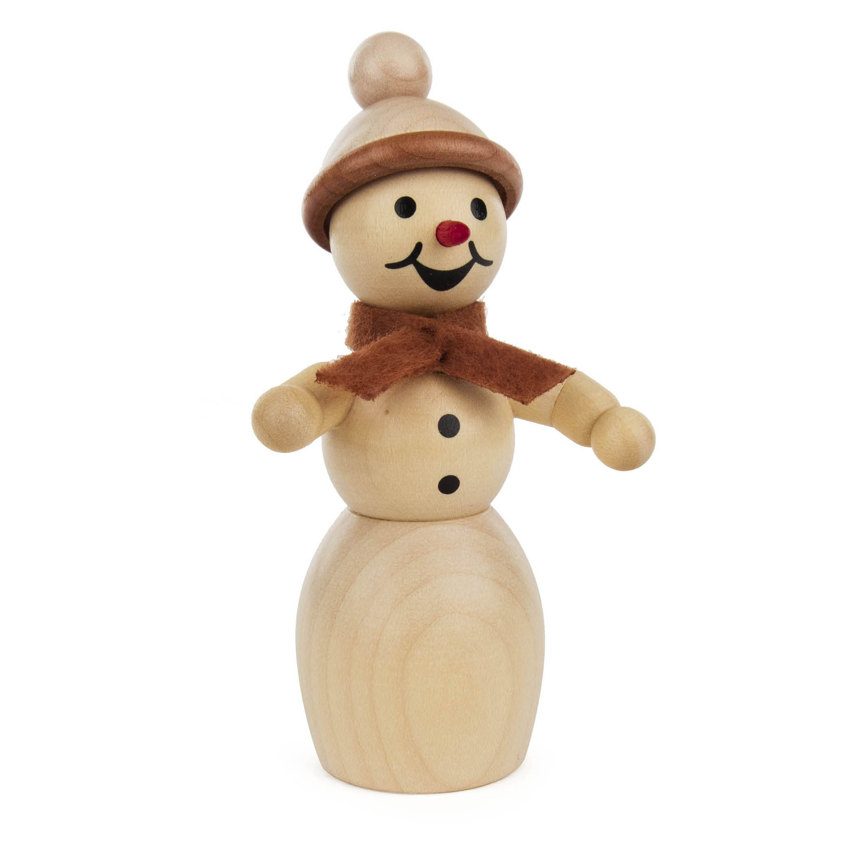 Holzfigur einer Schneefrau mit Bommelmütze, rotem Schal, schwarzem Knöpfen und lächelndem Gesicht. im Dregeno Online Shop günstig kaufen