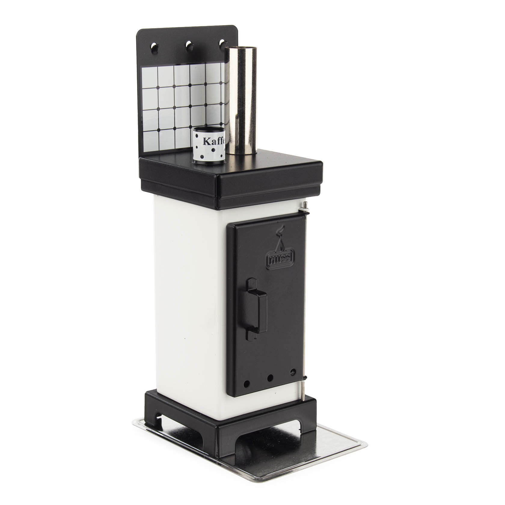 A white and black smoker's pipe stove with a rectangular shape, featuring a door with a latch, a chimney on top, and a decorative grid panel behind. im Dregeno Online Shop günstig kaufen