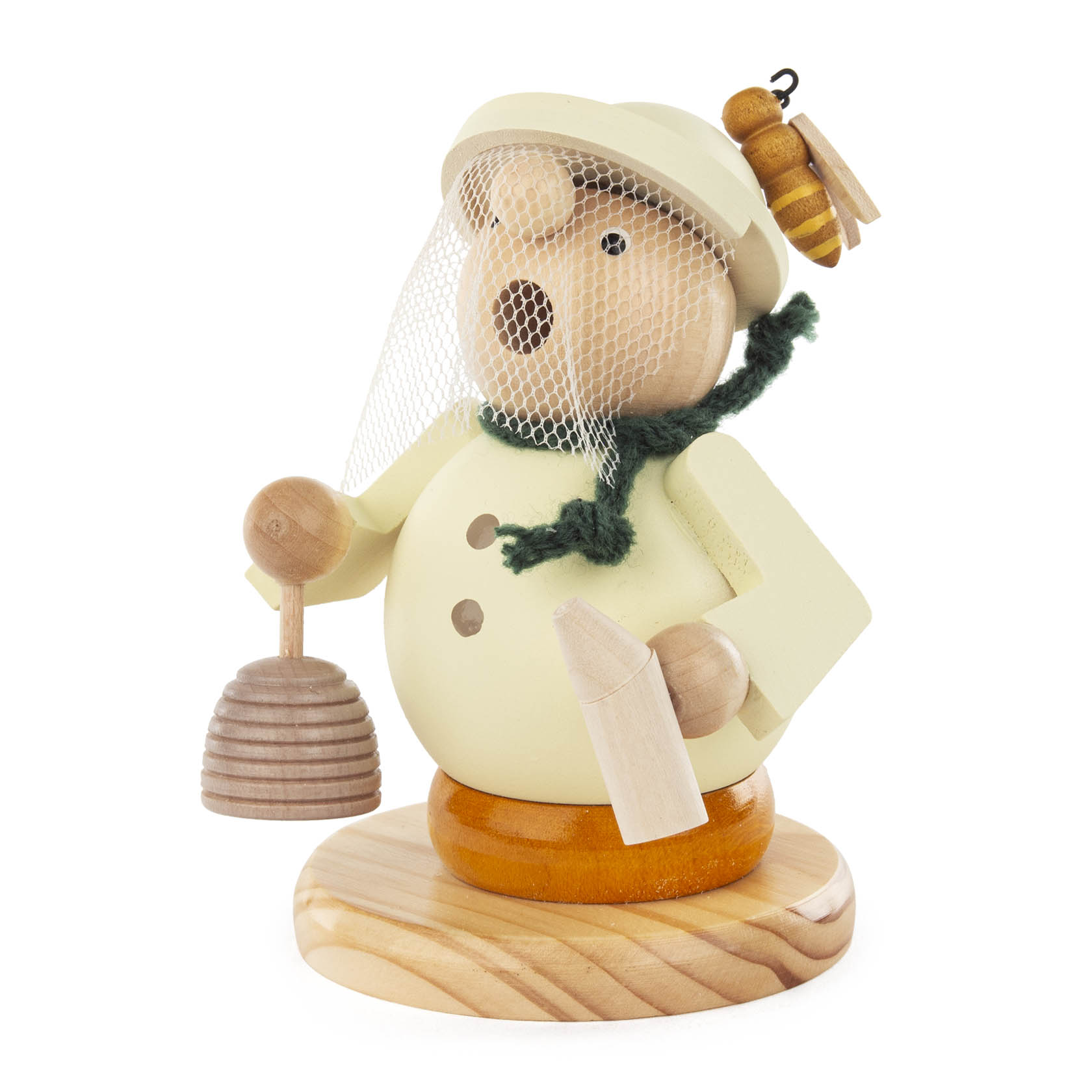 Holzfigur eines Imkers mit Bienenkorb, gelber Hut, grüner Schal und Pfeife, dekorative Biene am Hut. im Dregeno Online Shop günstig kaufen
