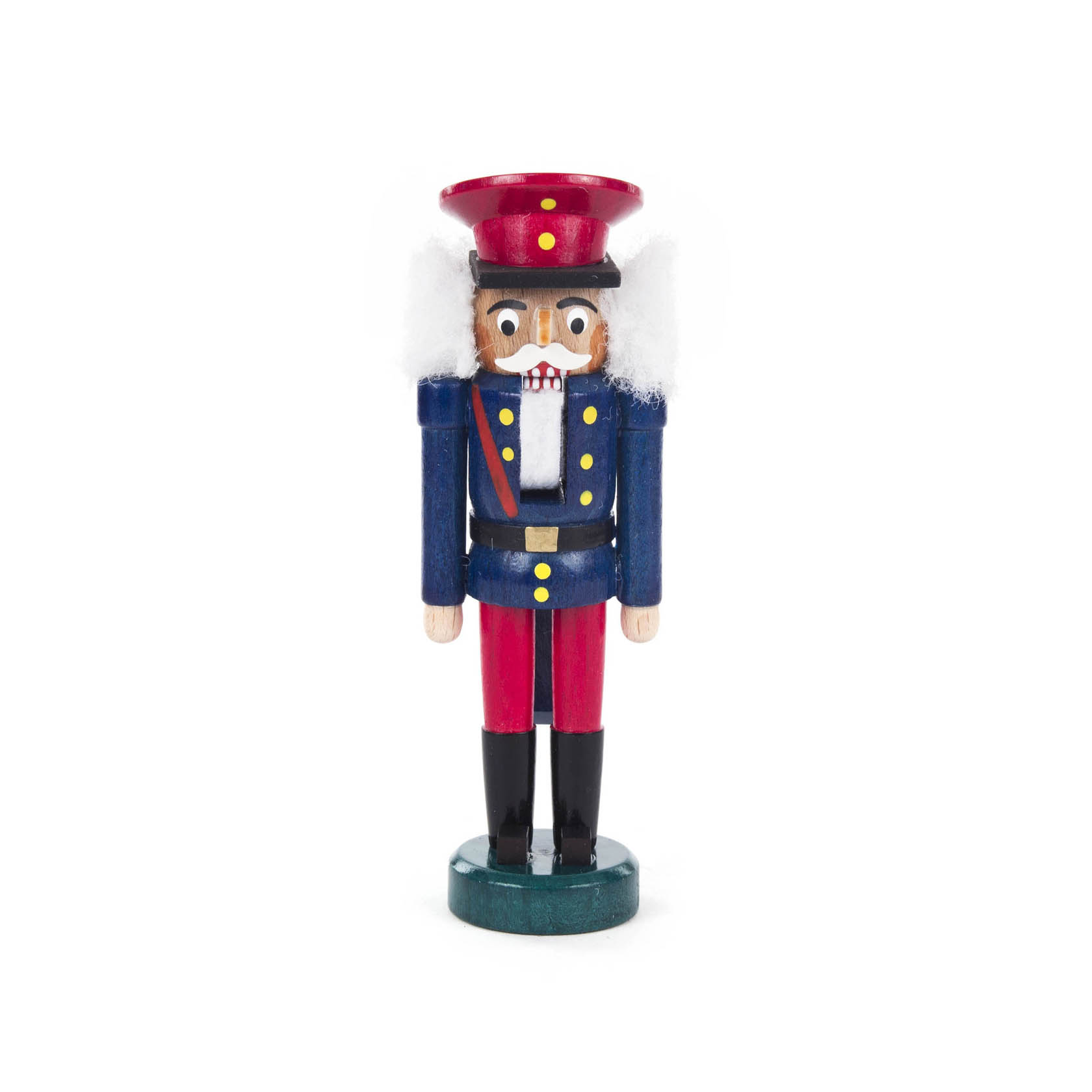 Ein Nussknacker in Eisenbahneruniform mit blauer Jacke und roter Hose, 13 cm hoch, mit einem roten Hut und weißem Bart. im Dregeno Online Shop günstig kaufen