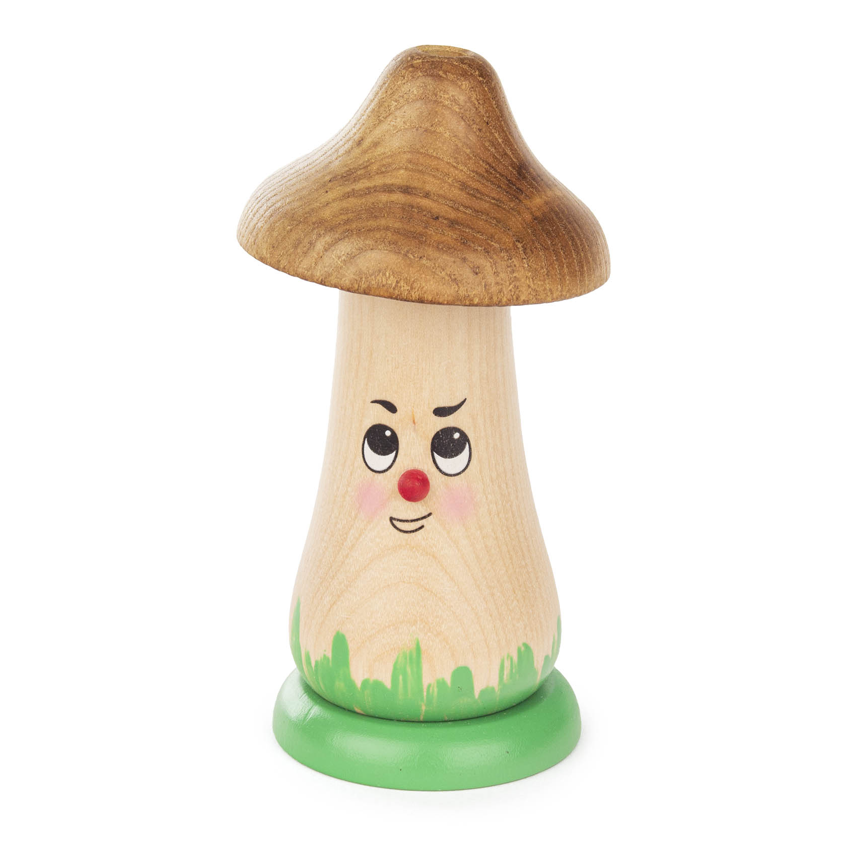 Holzfigur in Form eines Pilzes mit grünem Sockel und braunem Hut, lächelt mit roten Wangen und gemalten Augen. im Dregeno Online Shop günstig kaufen