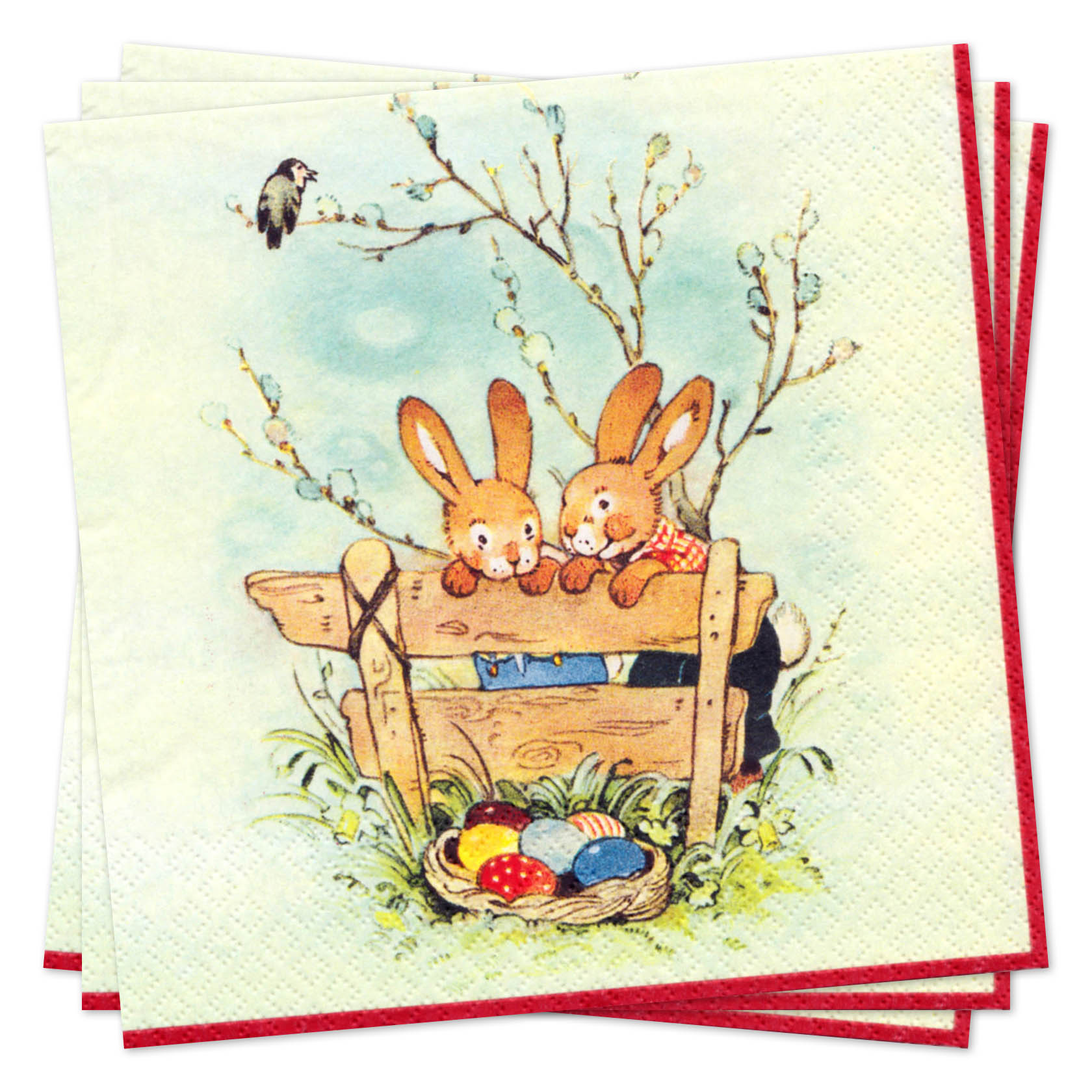 Zwei Hasen schauen über einen Holzzaun auf ein Osternest mit bunten Eiern darunter. im Dregeno Online Shop günstig kaufen