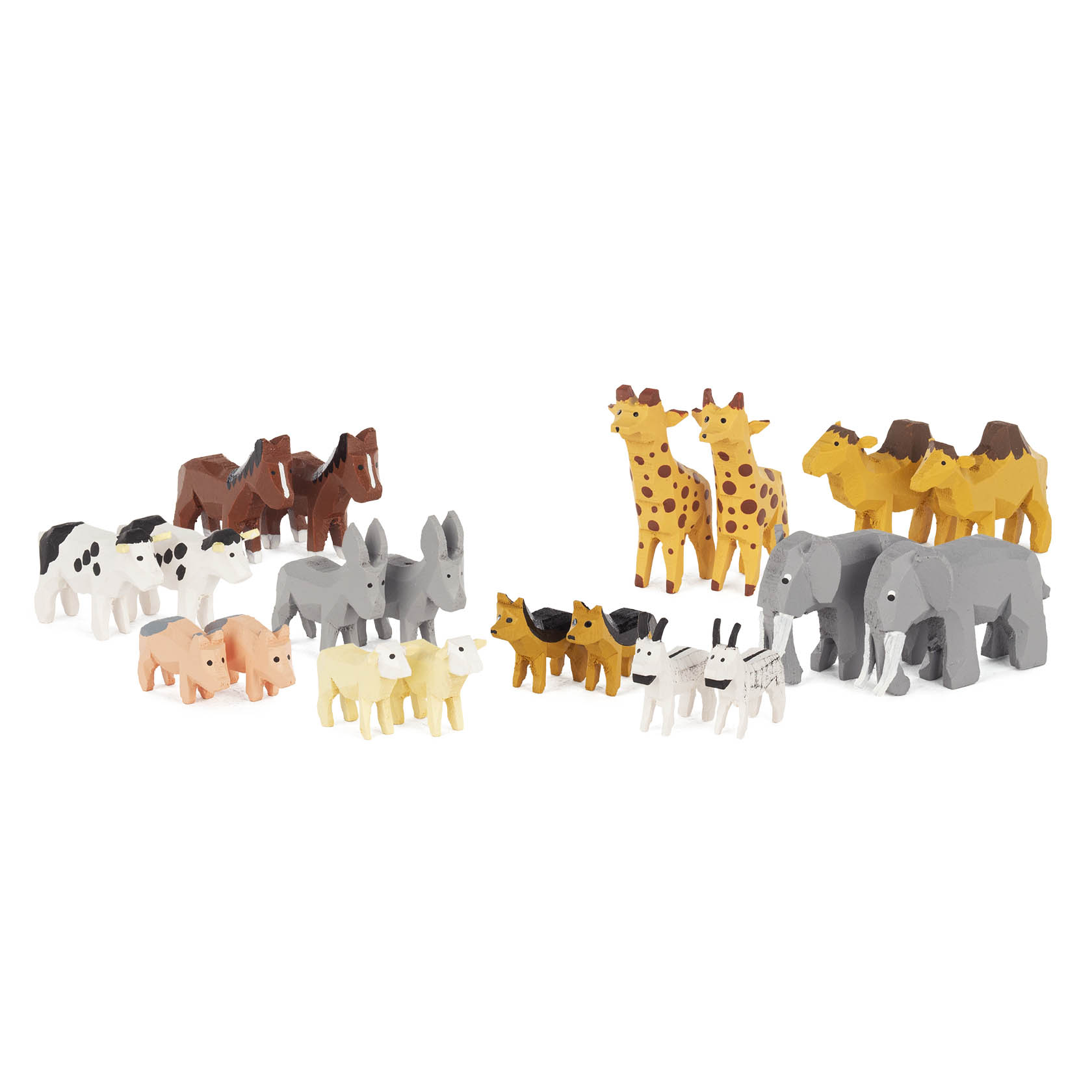 Eine Sammlung farbiger Tierfiguren, darunter Elefanten, Giraffen, Hunde, Kühe, Esel, Schweine und Schafe, in verschiedenen Farben und Größen. im Dregeno Online Shop günstig kaufen