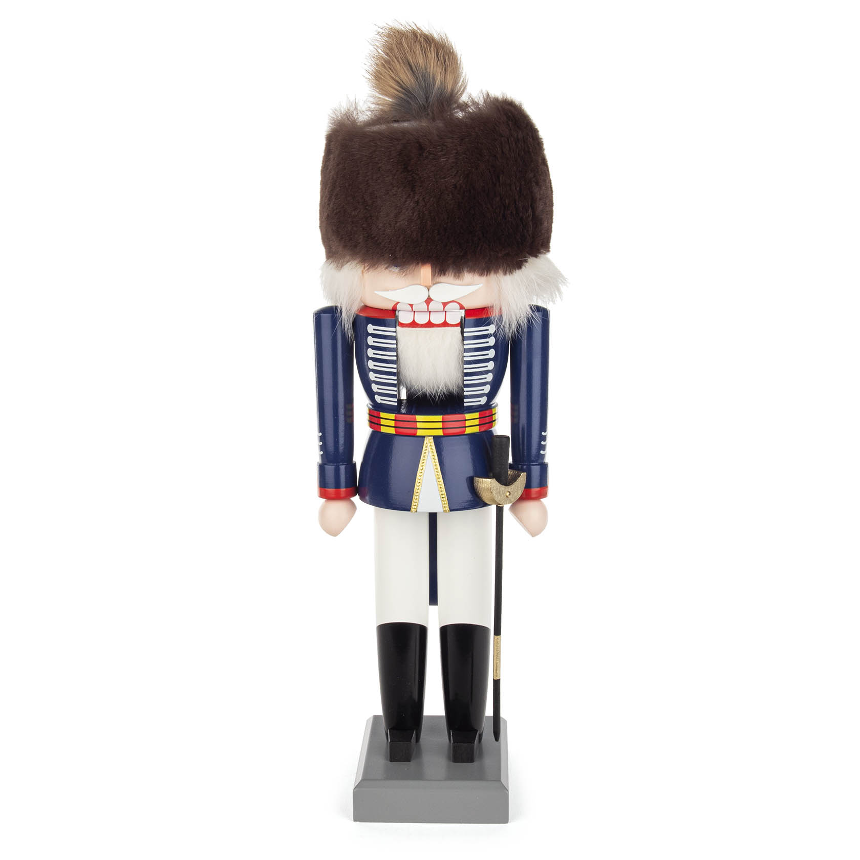 A 25cm tall nutcracker dressed as a hussar with a black fur hat, blue and white uniform, and black boots, holding a sword. im Dregeno Online Shop günstig kaufen