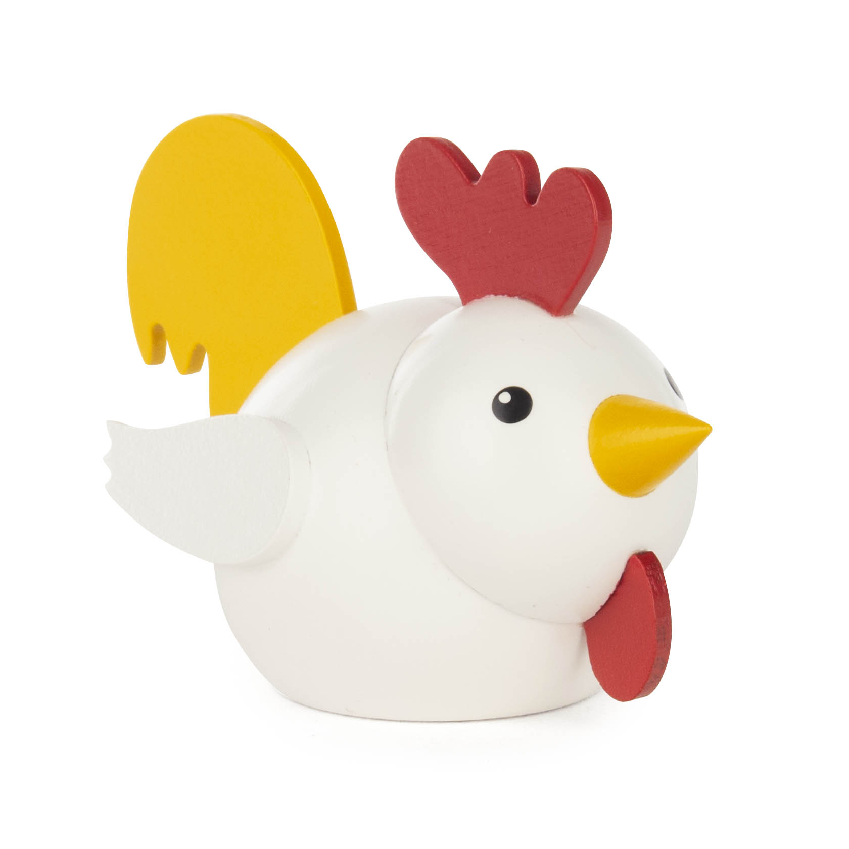 Weiße Holzfigur eines Hahns mit gelbem Kamm und Schwanz, rotem Schnabel und Kehllappen. Der Hahn hat einen runden Körper und schwarze Augen. im Dregeno Online Shop günstig kaufen