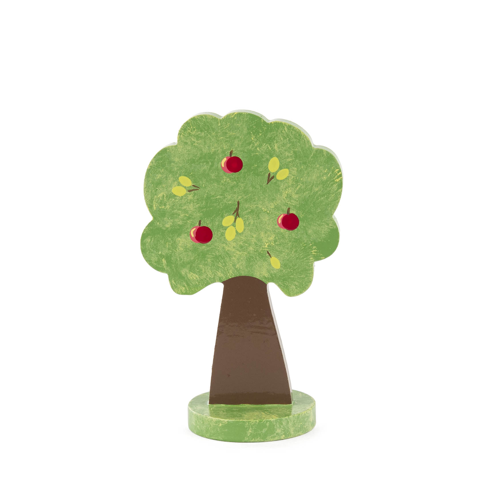 Ein kleiner, flacher Apfelbaum aus Holz mit grüner Krone und braunem Stamm, circa 8,5 cm hoch. Die Krone hat einige rote und gelbe Äpfel. im Dregeno Online Shop günstig kaufen