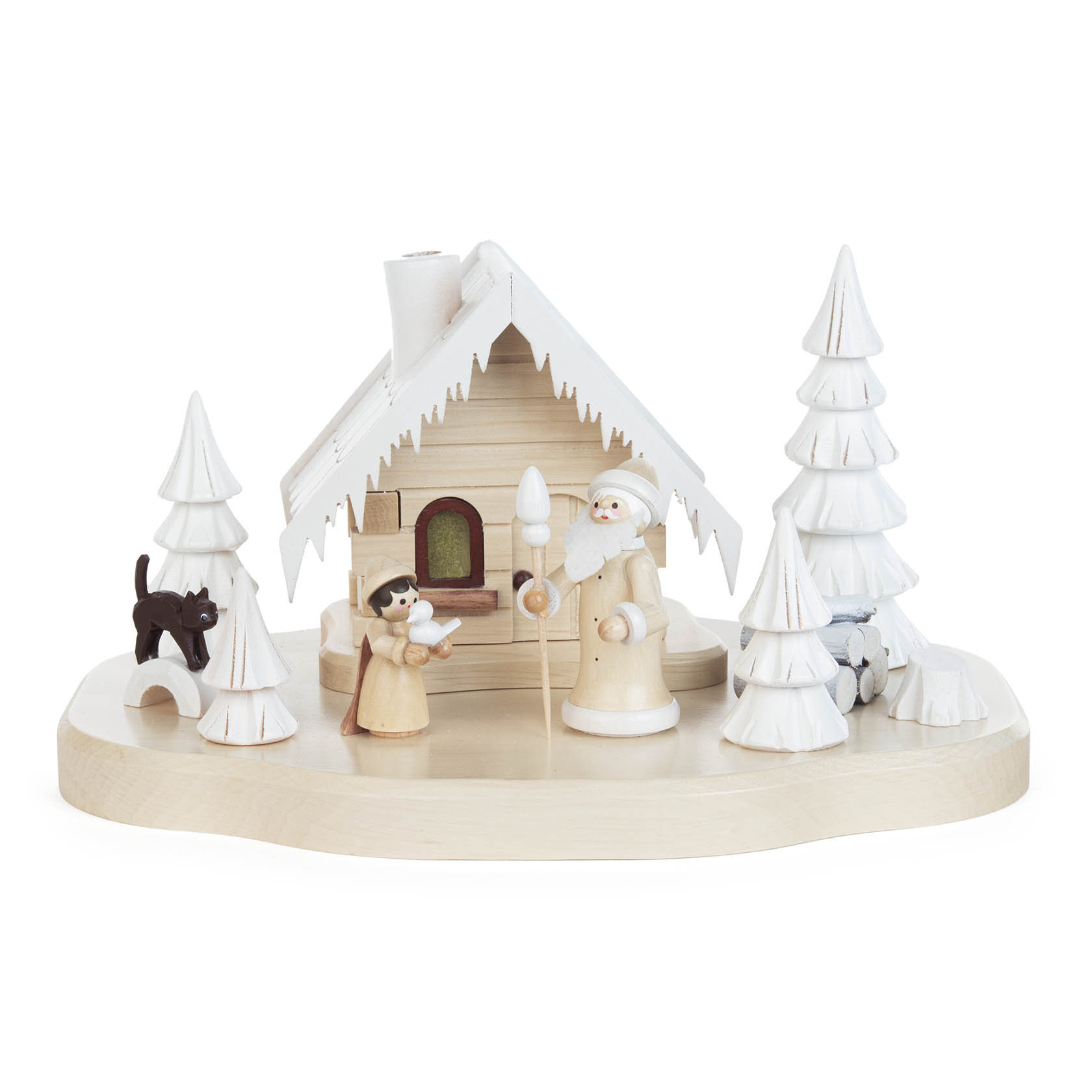 Wooden figurines of Father Frost holding a staff and a child with outstretched arms, surrounded by snowy trees and a small house. im Dregeno Online Shop günstig kaufen