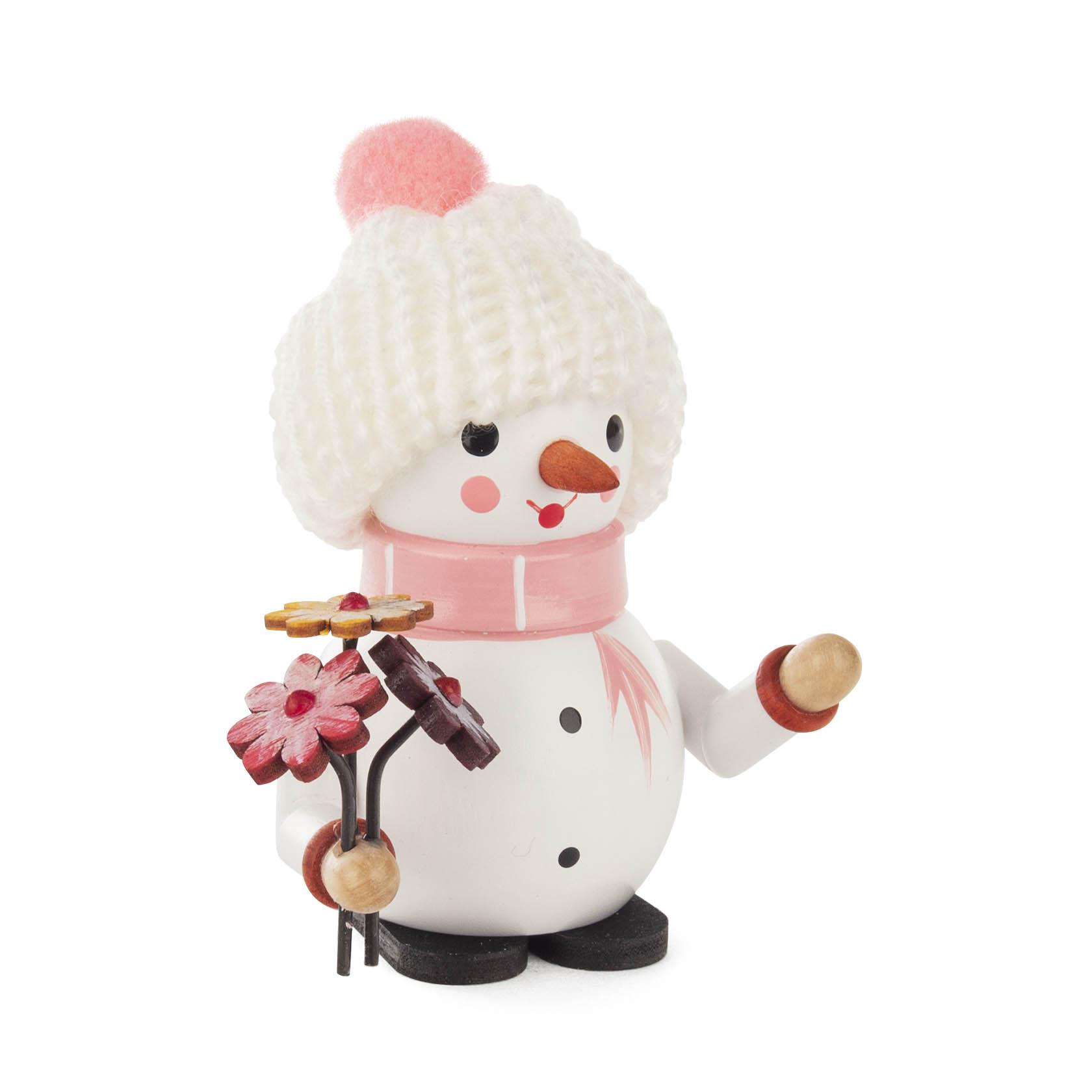 Kleiner, lächelnder Schneemann mit rosa Schal und weißer Mütze, hält einen Blumenstrauß aus Holzblumen in der Hand. im Dregeno Online Shop günstig kaufen