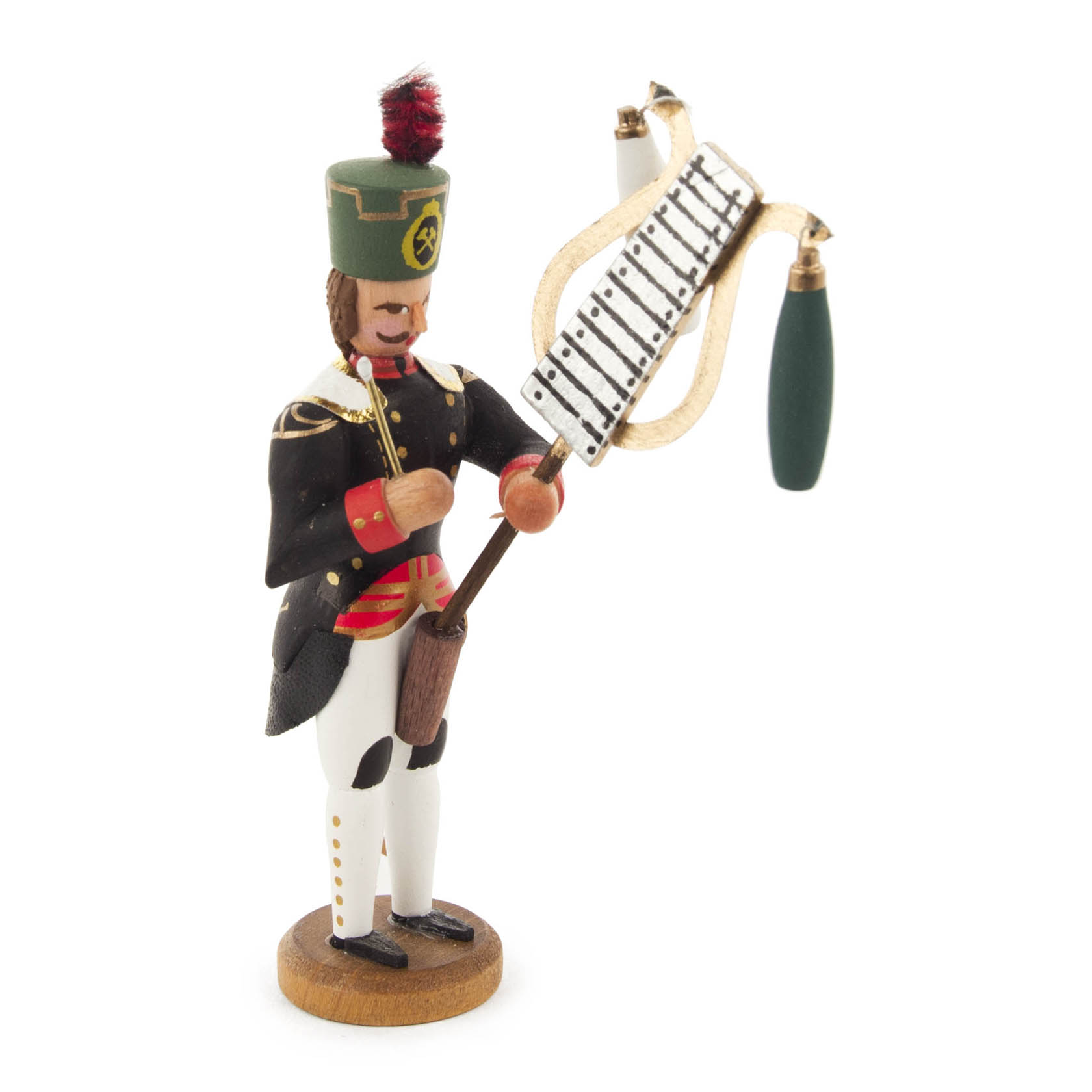 Holzfigur eines Bergmanns in traditioneller Uniform mit einem Schlaginstrument, bekannt als Lyra. Die Figur trägt einen Federbusch auf dem Hut. im Dregeno Online Shop günstig kaufen
