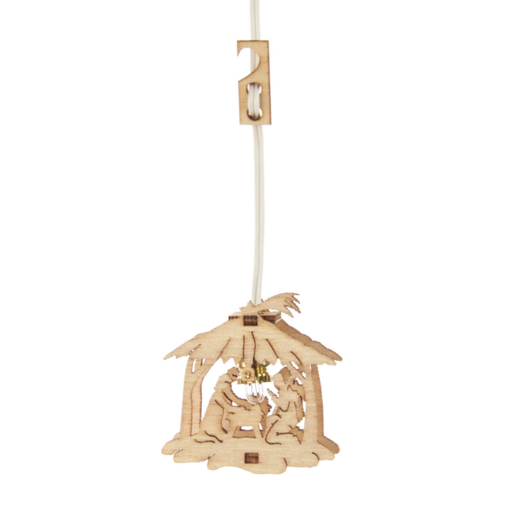 Miniaturhafter Holz-Krippenanhänger in Fensterform mit einer kleinen Jesus-, Maria- und Josef-Figur unter einem Strohdach, beleuchtet mit einer 12V-Birne. im Dregeno Online Shop günstig kaufen