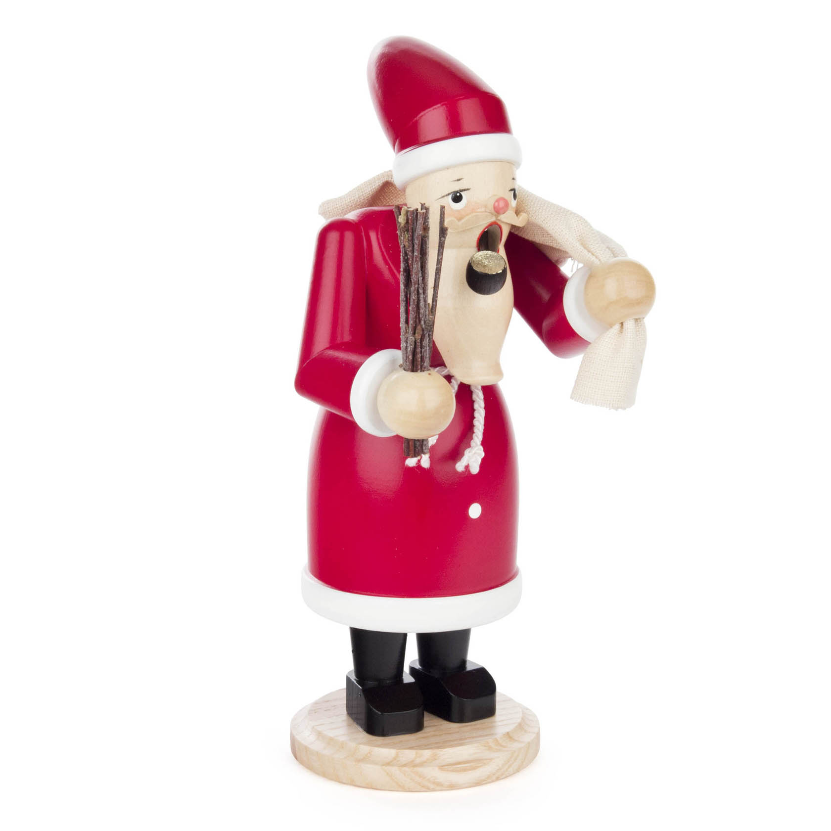 Räuchermann in Form eines Weihnachtsmanns, rot gekleidet, mit Pfeife und einer kleinen Stofftasche. im Dregeno Online Shop günstig kaufen
