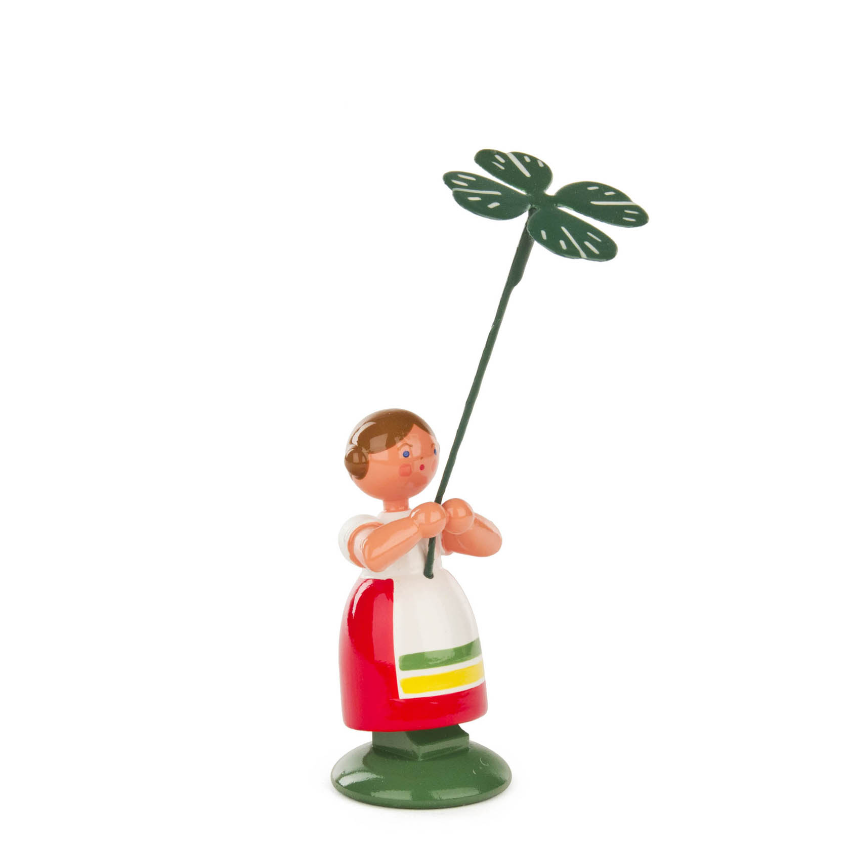 Holzfigur eines Blumenmädchens in traditioneller bunter Kleidung, das einen großen vierblättrigen Kleeblattstängel in den Händen hält. im Dregeno Online Shop günstig kaufen