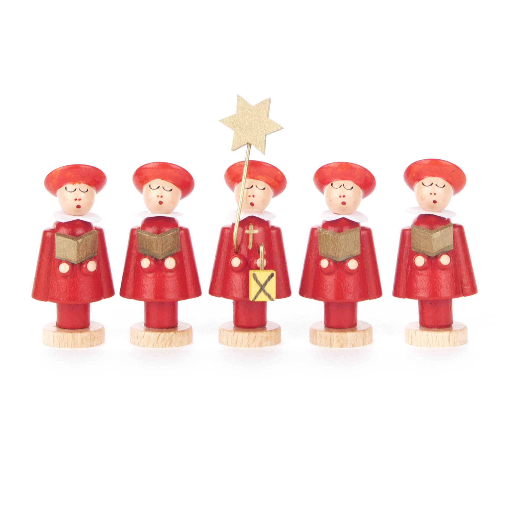 Fünf Kurrendefiguren, alle in roten Gewändern, mit Mützen und Gesangsbüchern, eine hält einen Stern. Die Figuren sind aus Holz gefertigt. im Dregeno Online Shop günstig kaufen